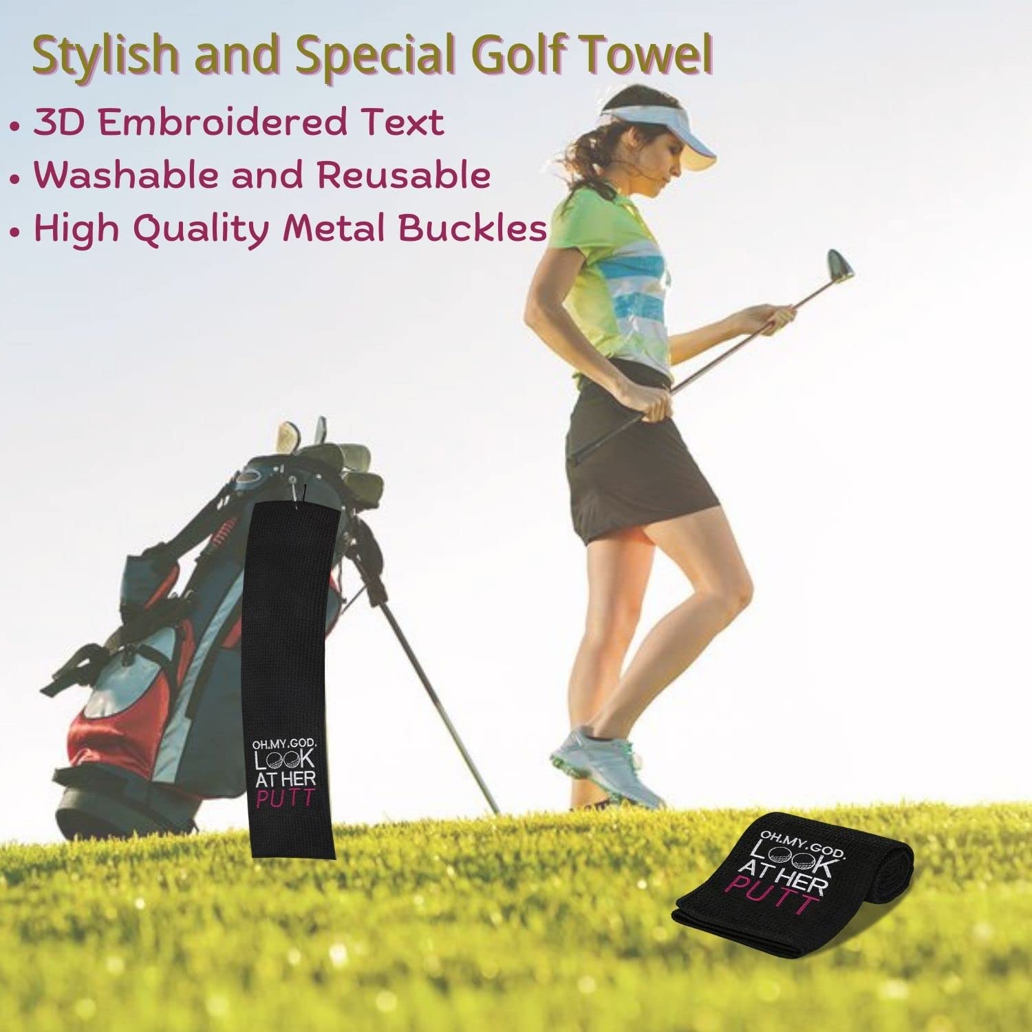 Funny Golf Towel - 'Oh My God Look at Her Putt' Embroidered Golf Accessory with Clip | Novelty Golf Gift for Women & Golf Fans | Perfect for Golf Bags, Birthday Presents & Adding Humor to Your Game