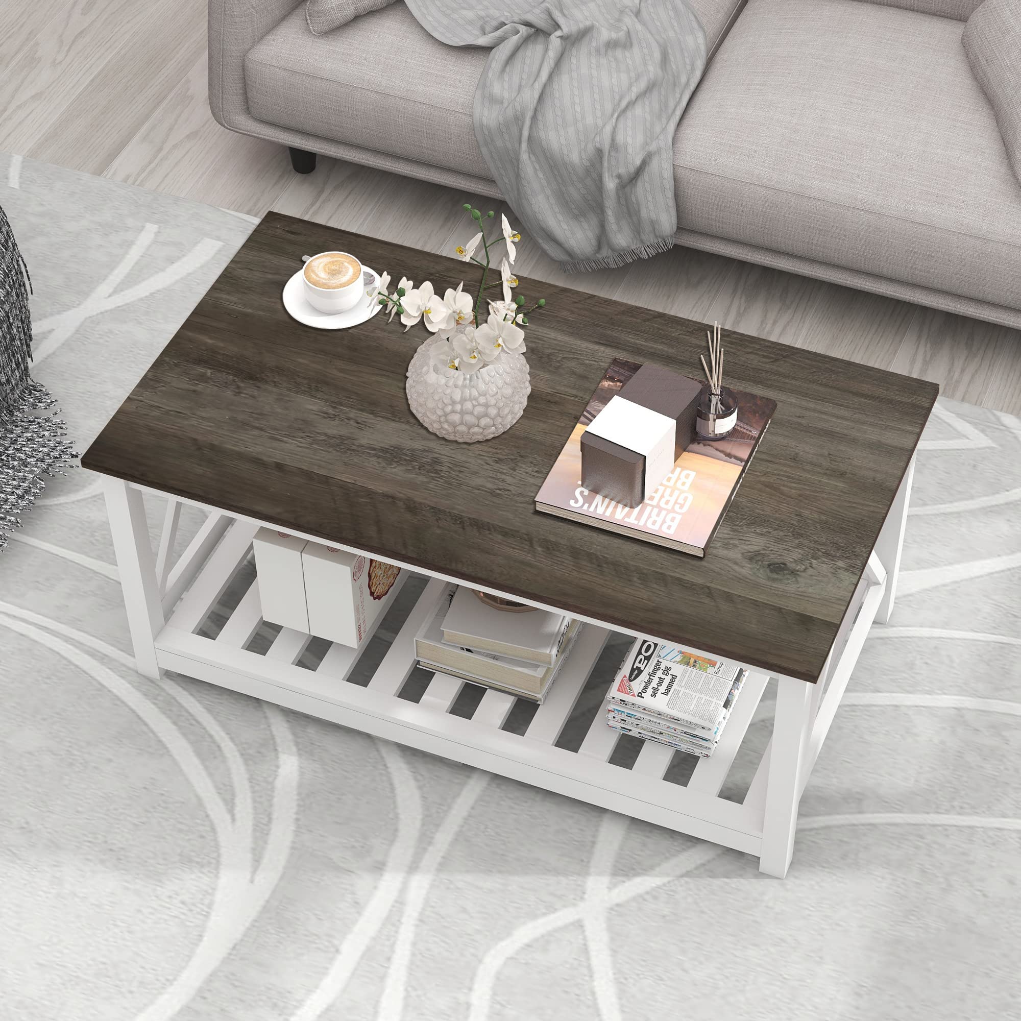 Farmhouse Coffee Table and End Table Set - 2-Tier Wooden Living Room Furniture with Slatted Base in Dark Oak - Perfect for Cozy Living Rooms, Family Gatherings & Home Decor
