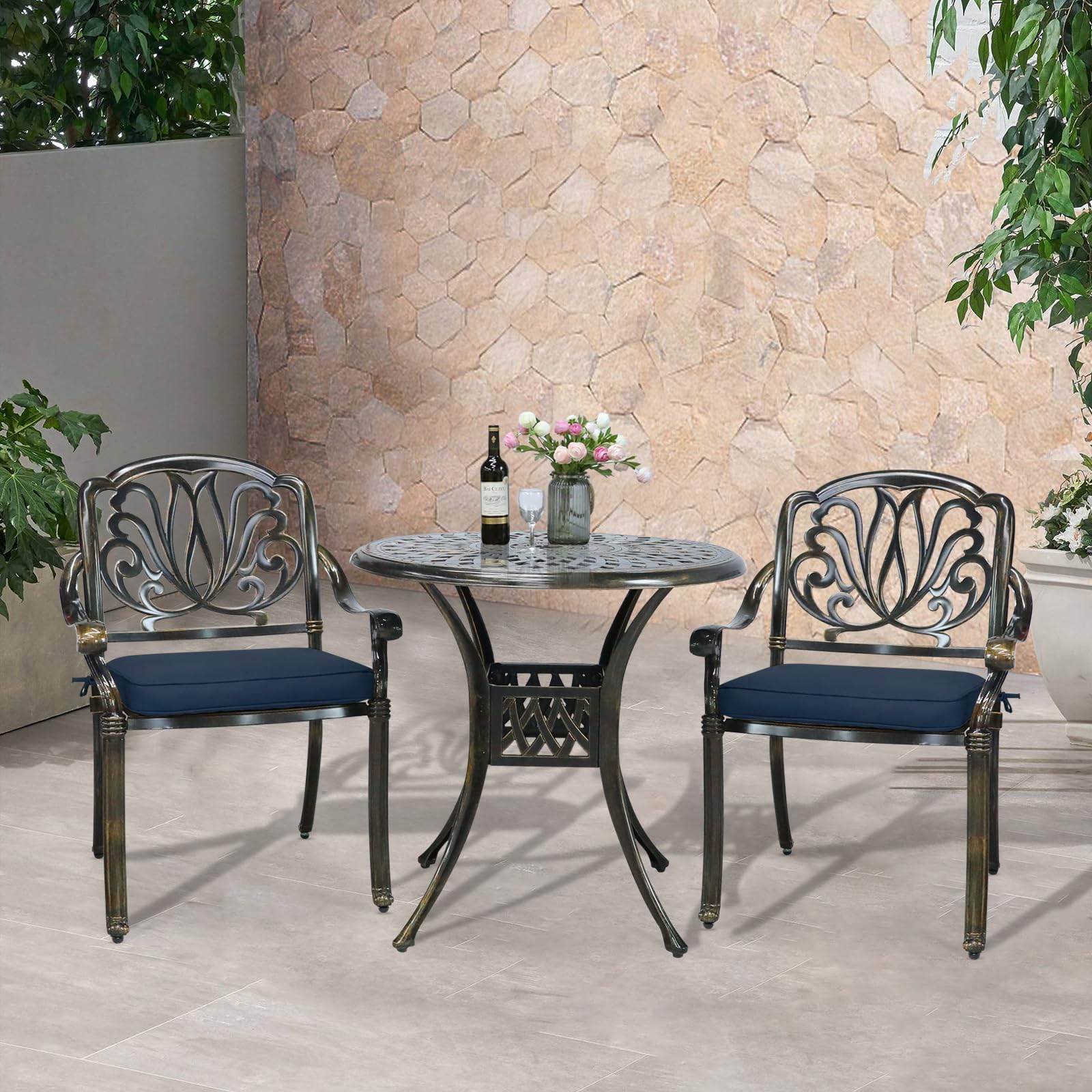 VIVIJASON 3-Piece Outdoor Dining Set - All-Weather Cast Aluminum Patio Bistro Set with 2 Chairs, 2 Navy Blue Cushions & 31
