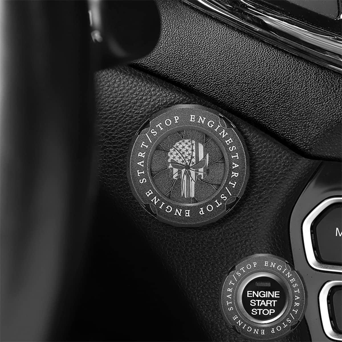 USA Flag Car Push Start Button Cover - Rotary Engine Start Stop Button Protector - American Skull Design Interior Accessory for Cars, Trucks & SUVs | Perfect for Patriotic Drivers & Car Enthusiasts