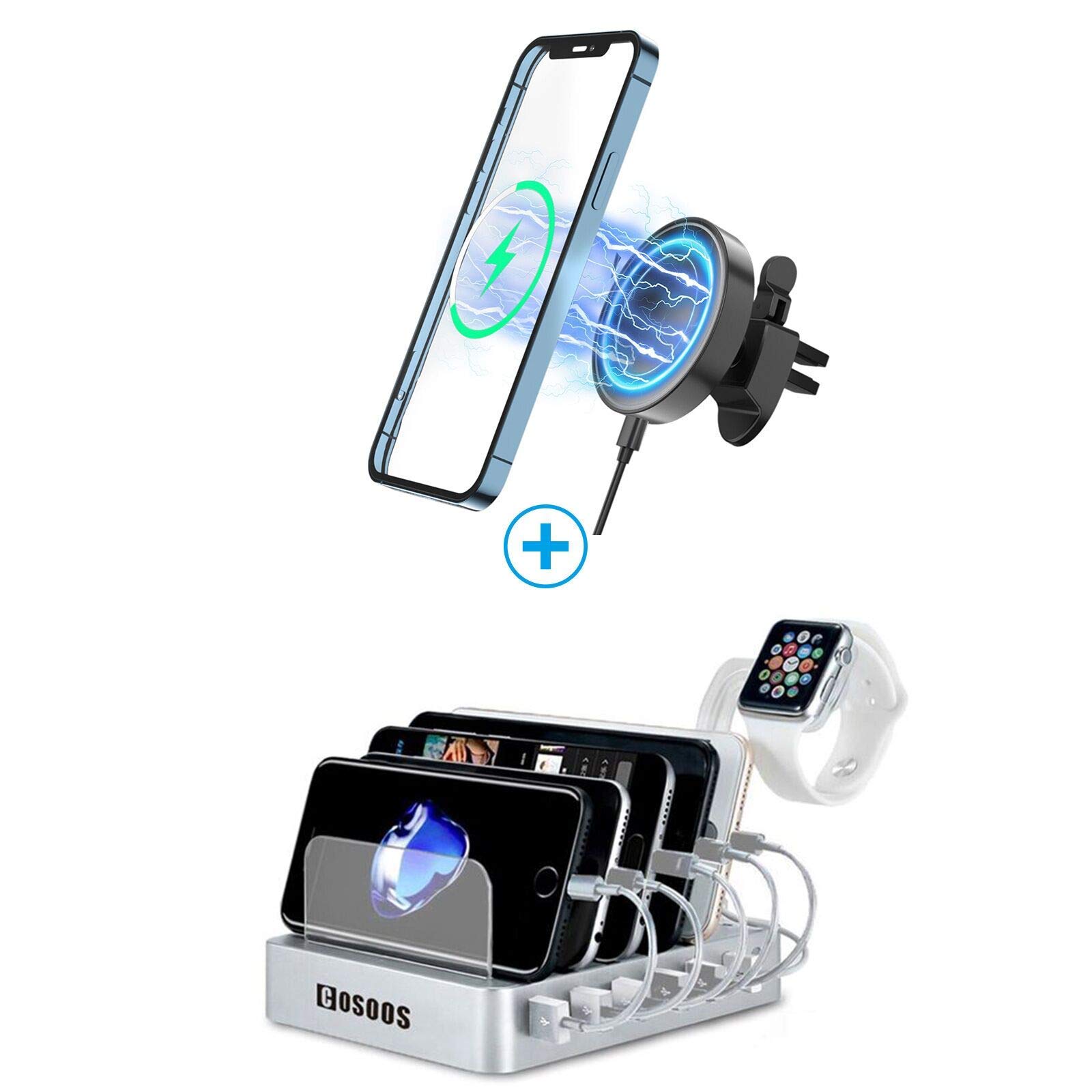3-in-1 Magnetic Wireless Charging Station for iPhone 12 Series (12 Pro Max/12 Pro/12/12 Mini) - Fast Qi-Certified Car & Desk Charger - Perfect for Home, Office & Travel
