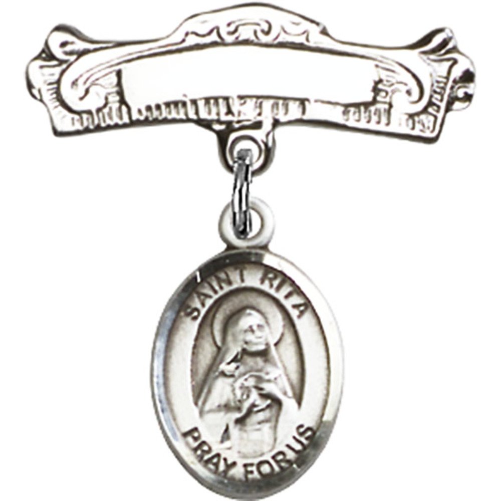 St. Rita Sterling Silver Baby Badge with Baseball Charm - 7/8 X 7/8 Inch Arched Polished Pin for Christening, Baptism & First Communion Gifts