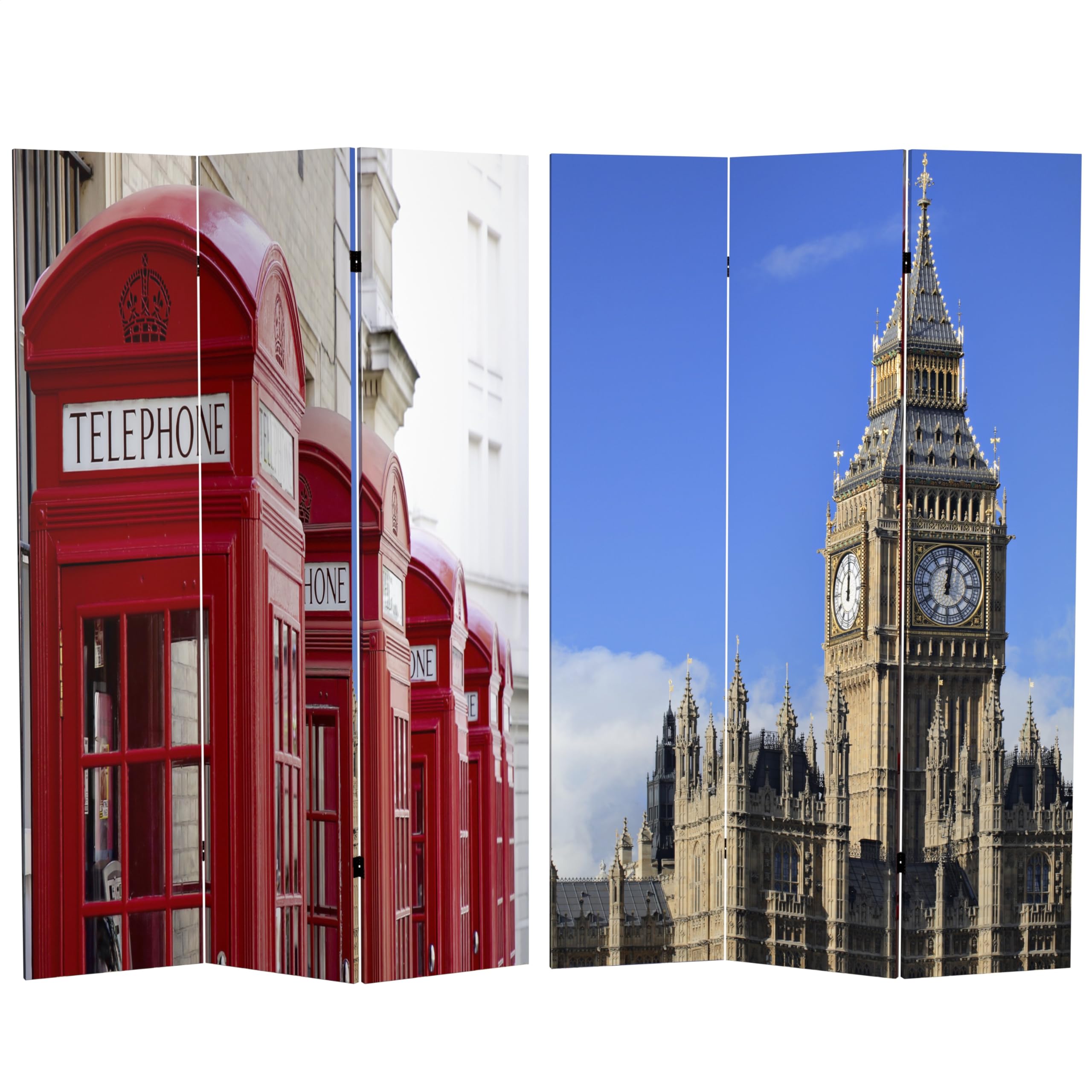 6 ft Tall Double Sided Red Lantern London Room Divider - Big Ben & Phone Booths Design | 71 Inch Height, 3 Panel Wide | Perfect for Home Decor, Office Partition & Themed Events