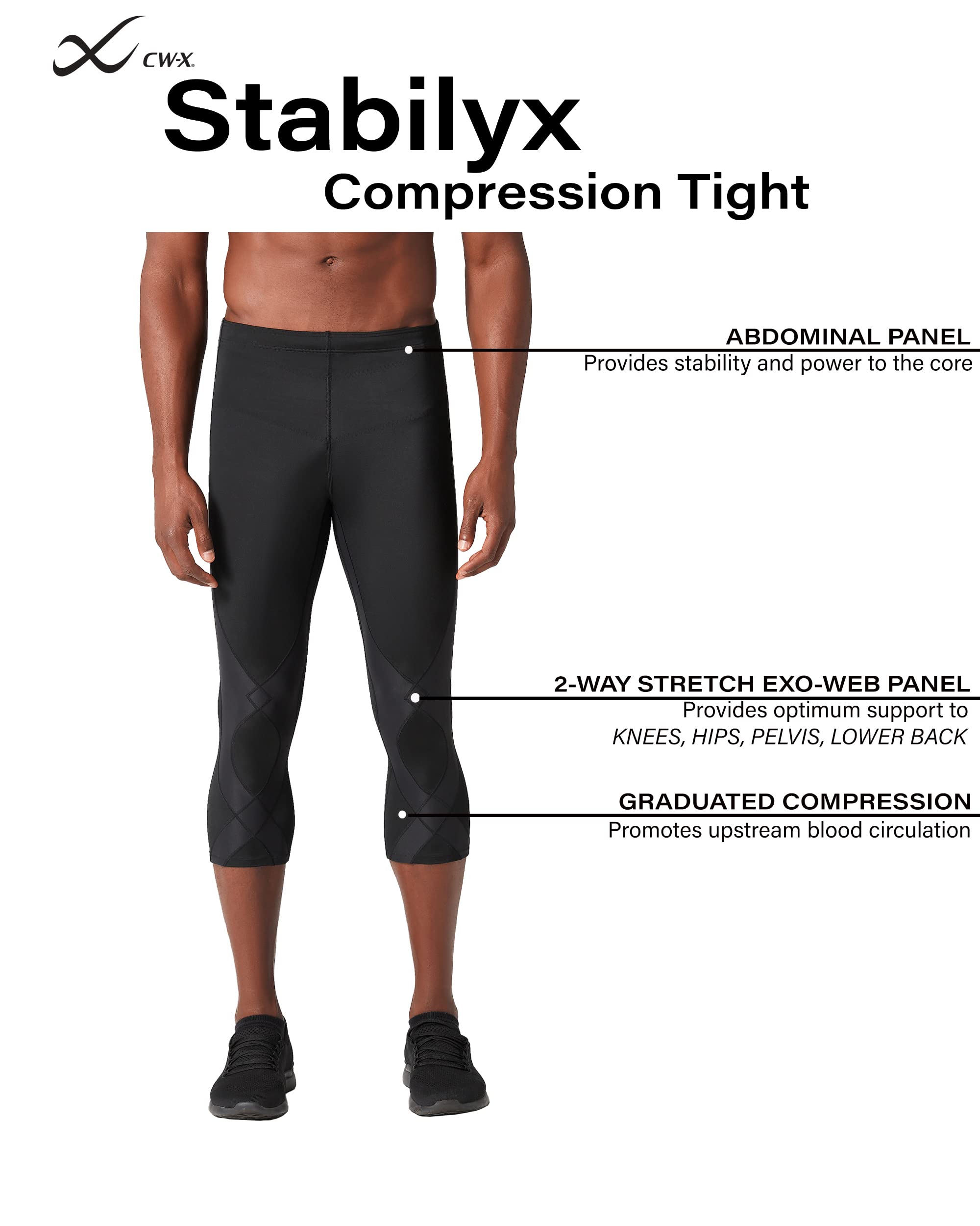 CW-X Men's Stabilyx Joint Support 3/4 Compression Tight - Running & Recovery Capri Pants for Knee Pain Relief & Muscle Support - Ideal for Marathon Training, Gym Workouts & Post-Exercise Recovery