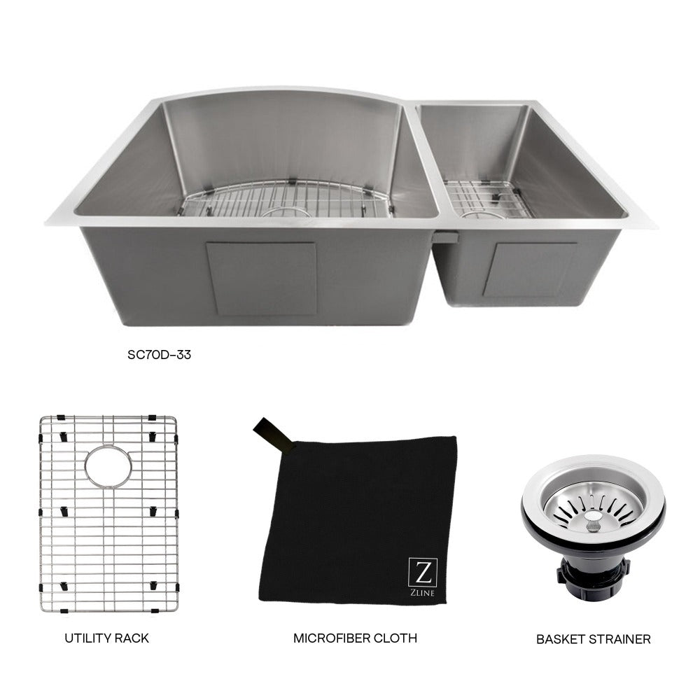 ZLINE SC70D 33 33-Inch Undermount Double Bowl Stainless Steel Kitchen Sink with Bottom Grid - Durable & Stylish for Modern Kitchens, Perfect for Meal Prep & Cleanup