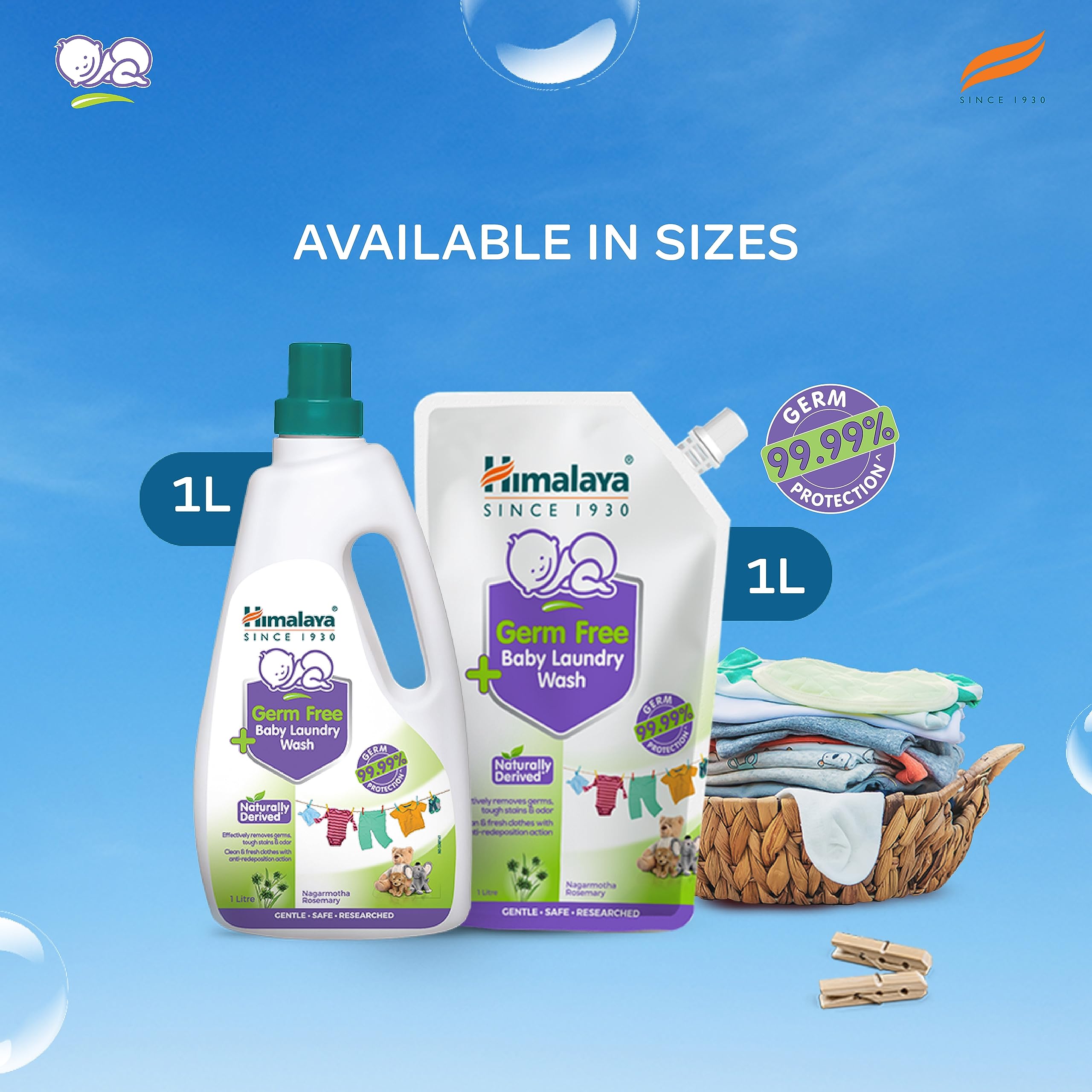 Himalaya Germ-Free Baby Laundry Detergent Liquid - 1L Pouch | Hypoallergenic & Gentle for Newborn Clothes | Perfect for Diapers, Onesies & Sensitive Skin Care