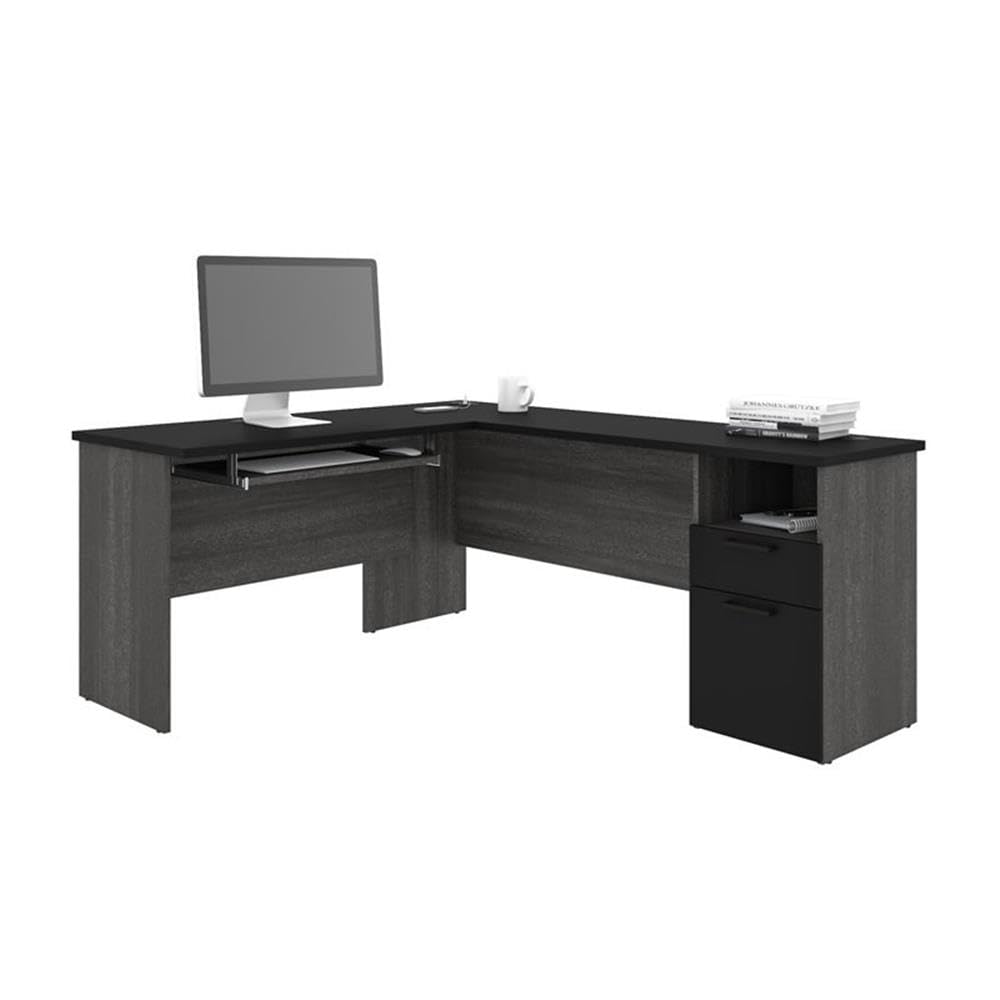 Pemberly Row Traditional L-Shaped Computer Desk in Black & Bark Gray - Home Office, Gaming, Study & Workspace Solution