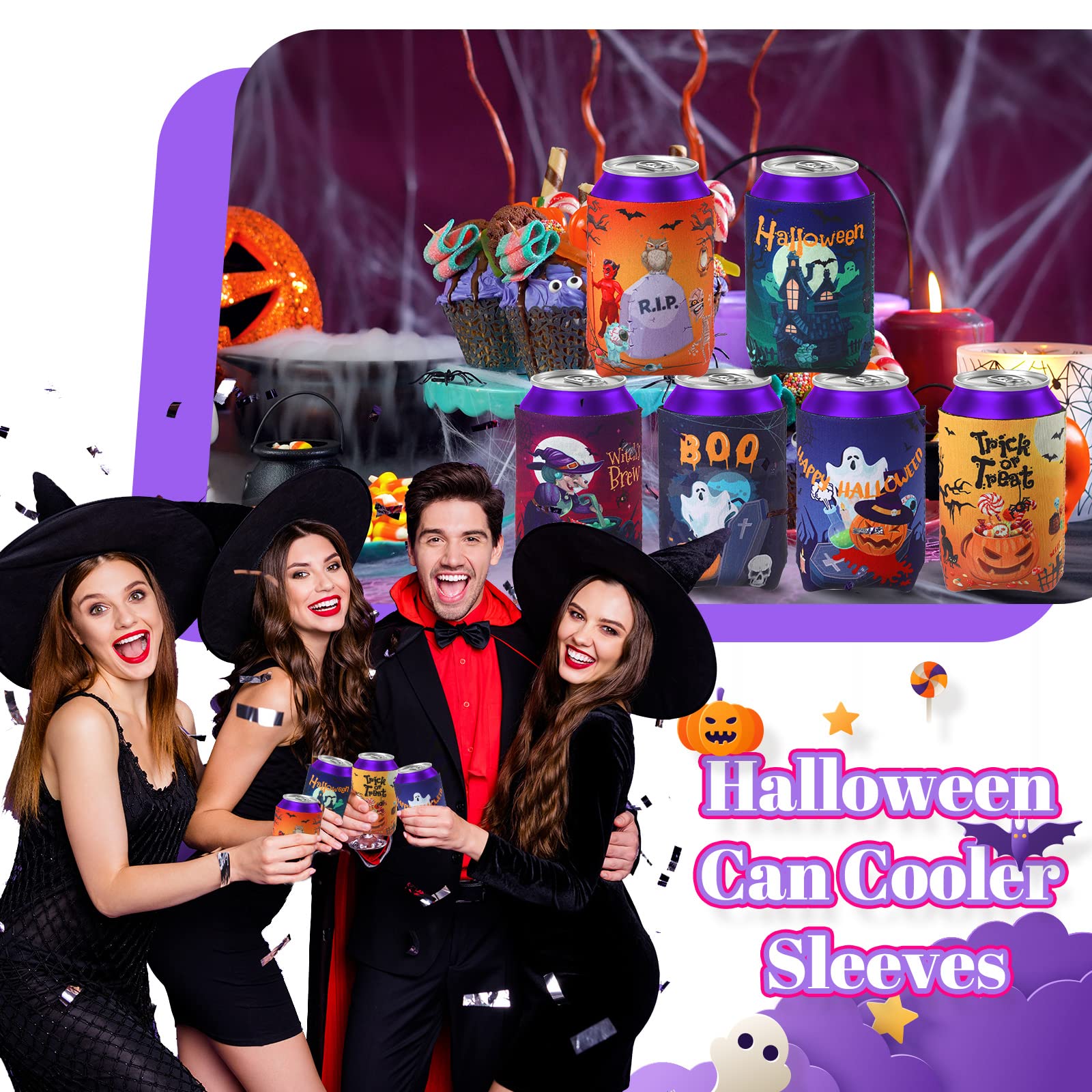 18 Pack Halloween Can Cooler Sleeves - Witch, Pumpkin, Bat, Skull Design - Insulated Beer Bottle Sleeves for Halloween Party Decorations and Outdoor Gatherings