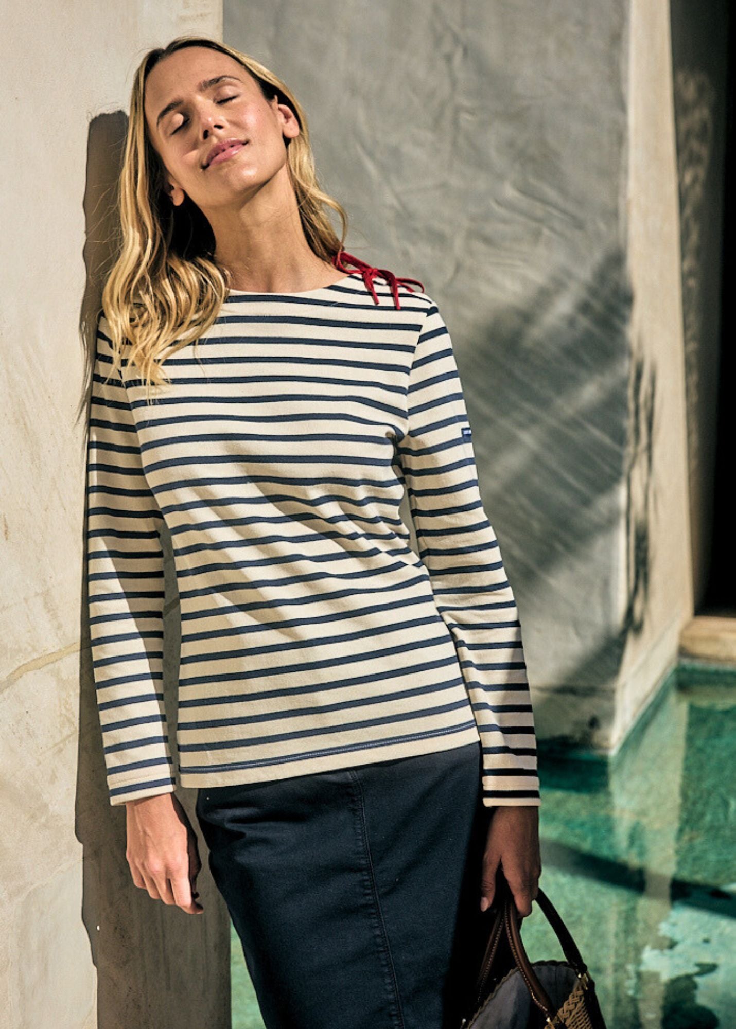 CAVALAIRE Women's Breton Striped Long Sleeve Shirt with Lace Trim | 100% Heavyweight Cotton Tops (Ecru/Navy/Red) | Casual Wear, Office Outfits & Date Night Fashion