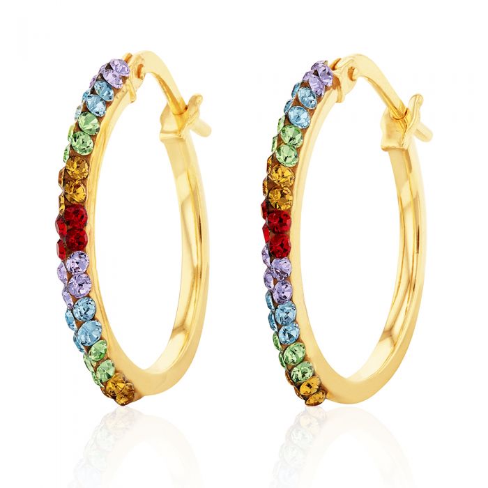 9ct Silver Filled Yellow Gold Rainbow Multi Color Crystal 15mm Hoop Earrings for Women | Elegant Party & Wedding Jewelry Gift