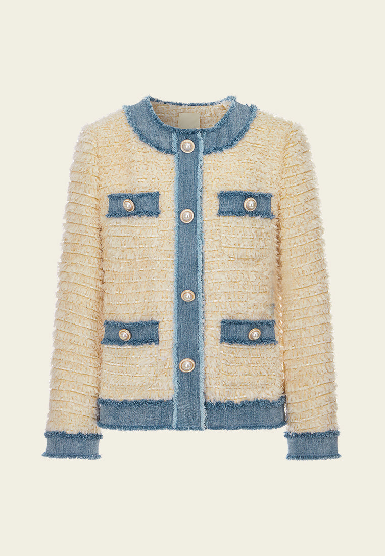Stylish Contrast Trim Frayed Detail Jacket for Women - Trendy Distressed Denim Outerwear for Casual Outings & Streetwear Fashion