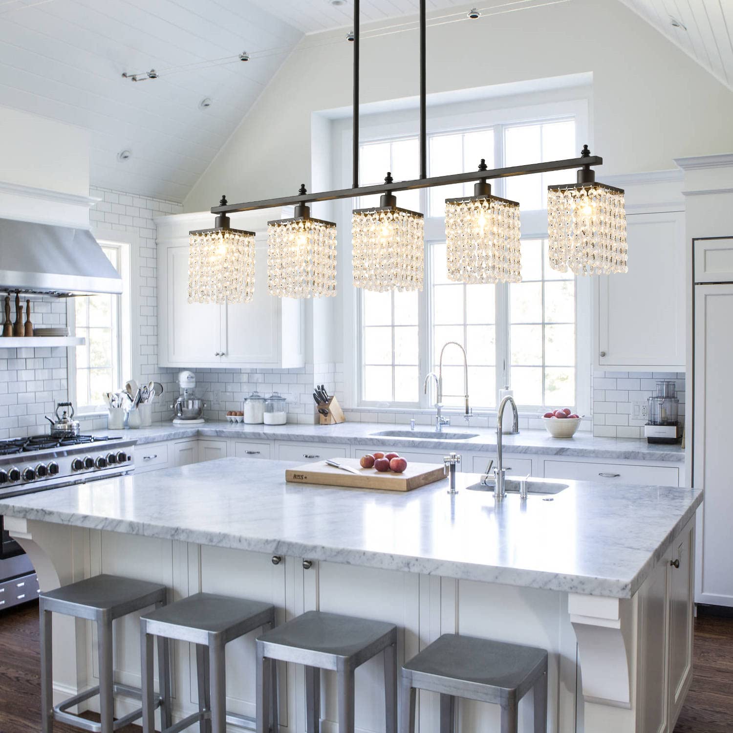 Modern Farmhouse Black Metal Linear Crystal Chandelier - 5-Light Adjustable Pendant Lighting for Kitchen Island & Dining Room Table | Elegant Dining, Kitchen Decor, Farmhouse Lighting
