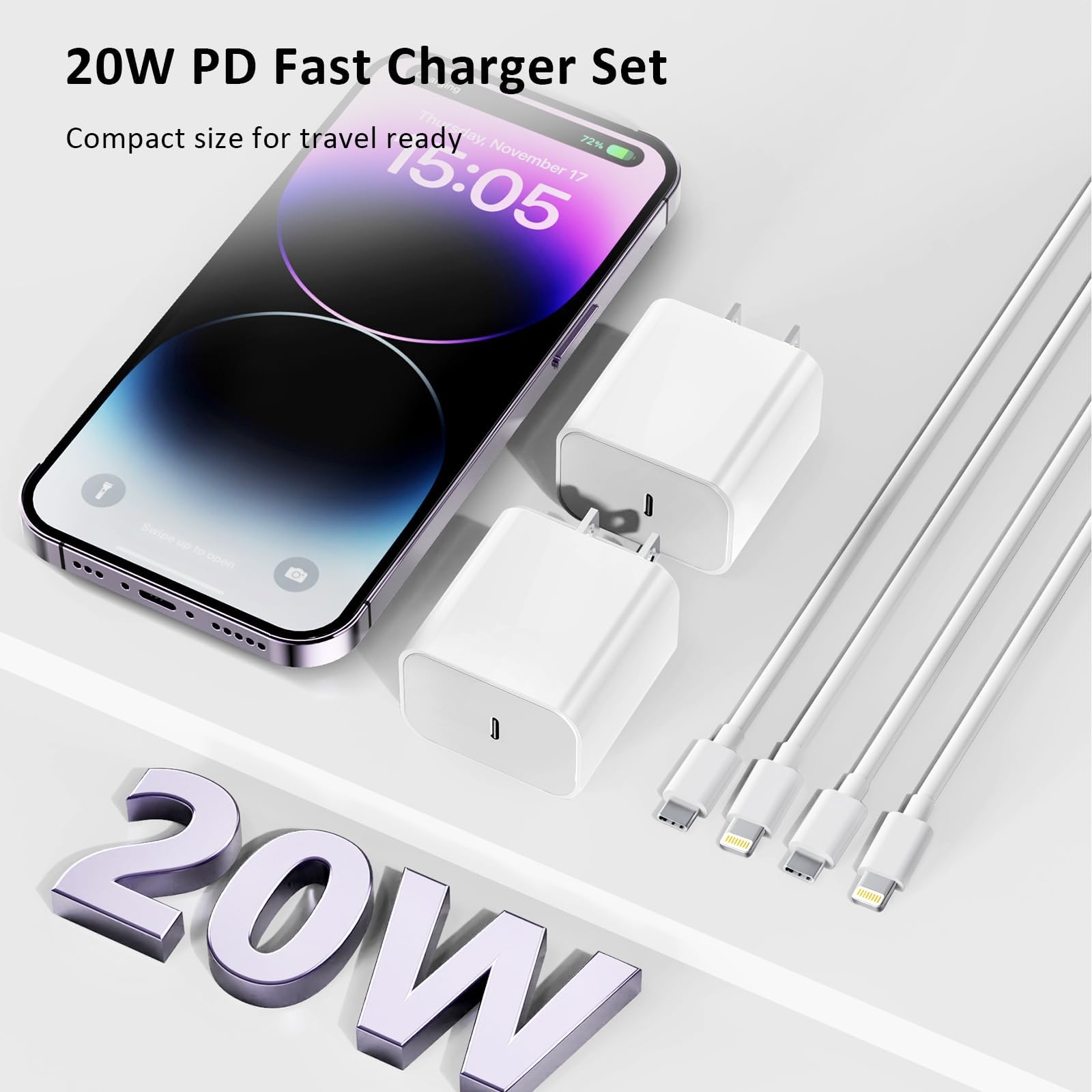 Apple MFi Certified 20W USB C Wall Charger with Lightning Cable - Fast Charging Block for iPhone 14/13/12/11/XS Max - Perfect for Home, Office & Travel