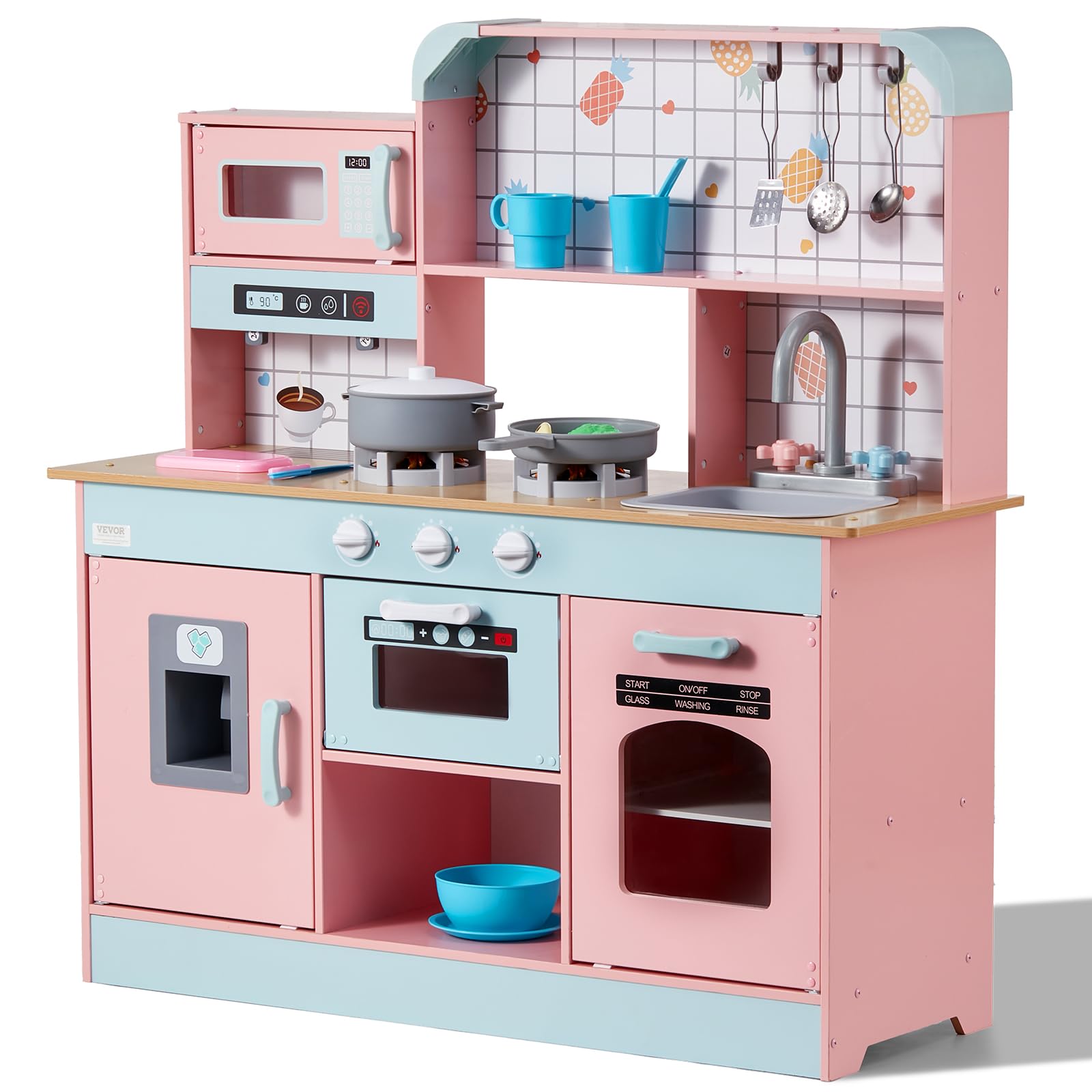 VEVOR Wooden Play Kitchen Toy for Kids Ages 3-8 - Interactive Pretend Play Set with Lights, Sounds, Ice Maker, Oven, Sink, Microwave & Fridge - Includes Utensils & Fruit Accessories - Perfect for Imaginative Play, Role-Playing & Early Learning (Pink)