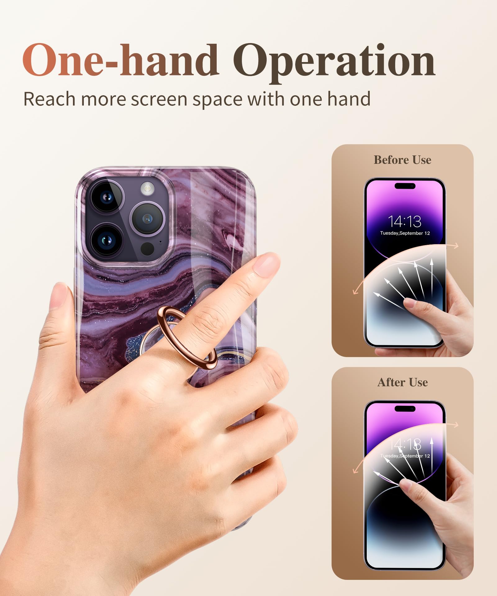 GVIEWIN Marble Phone Ring Holder - Magnetic Car Mount Compatible with iPhone 16 Pro Max/15 Plus/14/13/12 & Galaxy S25/S24 Ultra - Metal Kickstand Grip for Secure Phone Handling (Quicksand/Purple) - Perfect for Driving, Watching Videos & One-Handed Use