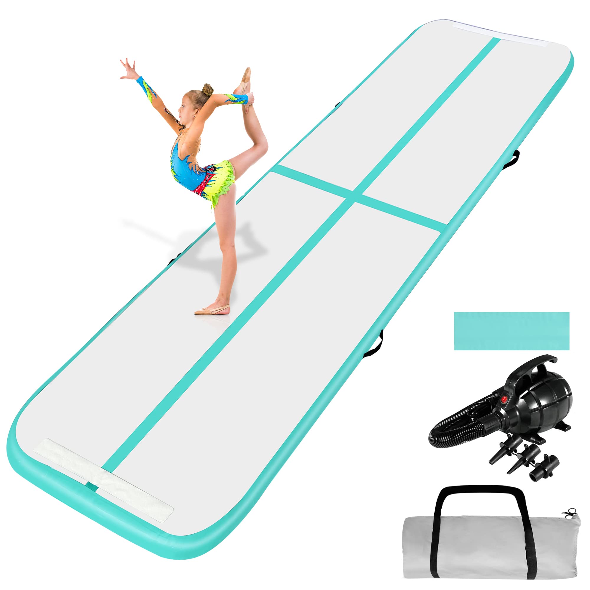 COVERONICS Inflatable Gymnastics Mat - 10FT/13FT/16FT Air Tumble Track with Electric Pump & Storage Bag for Home, Gym & Outdoor Use | Perfect for Gymnastics Training, Cheerleading, Yoga & Water Activities | Non-Slip Exercise Mat for Kids & Adults