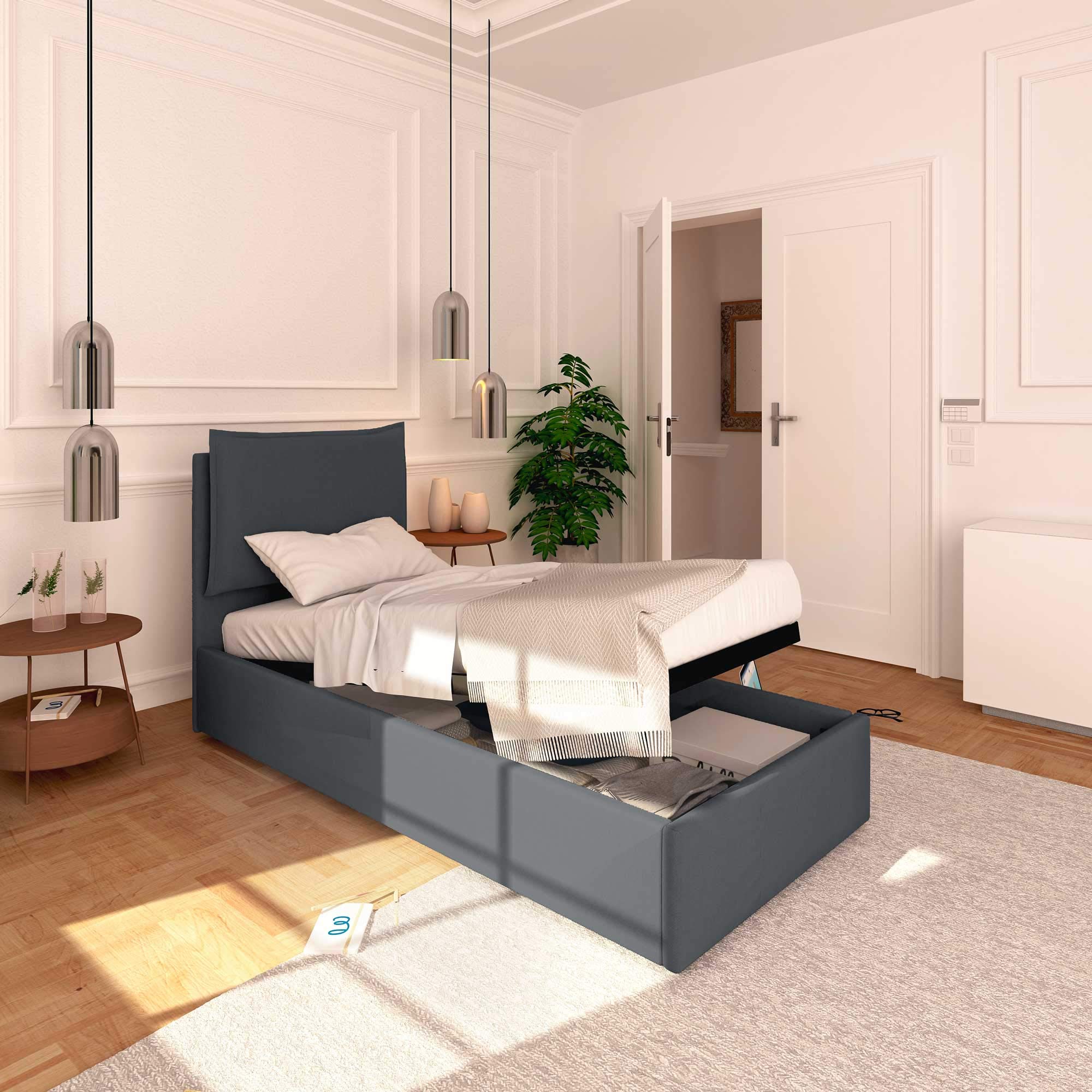 Baldiflex Single Bed with Storage, Licia Model, Synthetic Leather Upholstery, Slatted Base for Single Mattress, 80 x 190 cm, Padded Headboard, Grey - Perfect for Small Bedrooms, Guest Rooms & Studio Apartments
