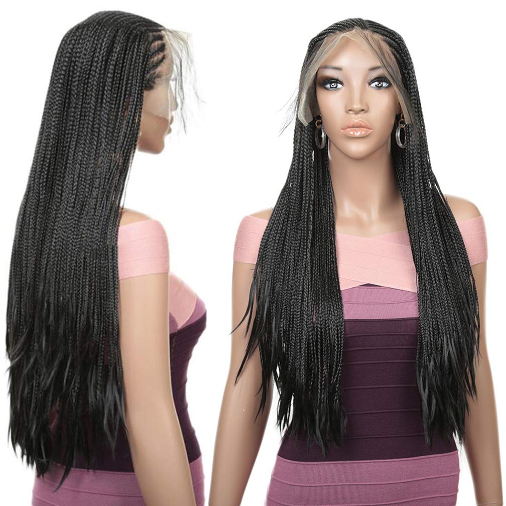 Extra Long 32inch Braided Box Braids Wigs for Black Women - 13x4 Lace Front Synthetic Hair Wig with Baby Hair & Hand-Tied Locs - Lightweight Micro Braid Crochet Wig (Natural Black, 80cm) for Daily Wear, Parties & Protective Hairstyles