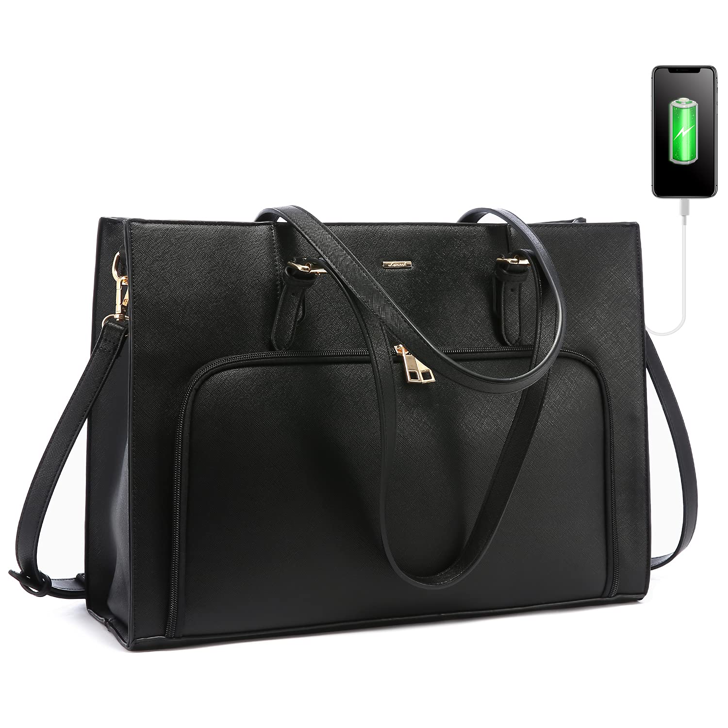 LOVEVOOK 15.6 Inch Waterproof Laptop Bag for Women - PU Leather Work Tote Briefcase with USB Charging Port, Professional Computer Shoulder Bag for Business, Travel, School & Office Use
