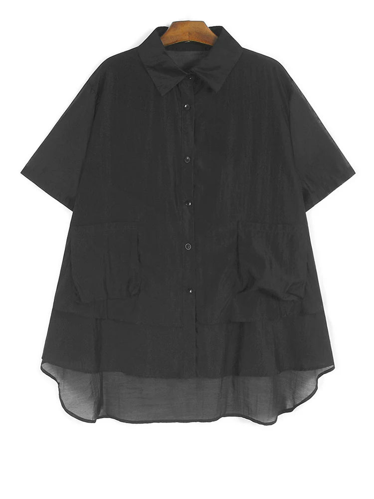 Black Irregular Thin Shirt & Wide Leg Shorts Two-Piece Set - Women's Fashion Lapel Short Sleeve Outfit for Spring Summer 2025 | Casual Wear, Beach Vacation, Street Style