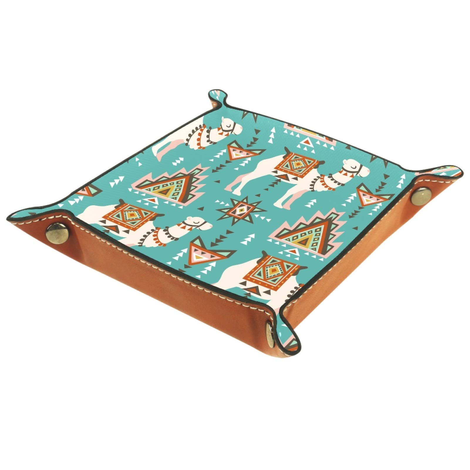 Leather Folding Dice Tray with Storage - Square Jewelry Organizer for Watches, Keys, Coins & Candy - Boho Ethnic Camel Desert Print - Perfect for Board Games, Travel & Home Decor
