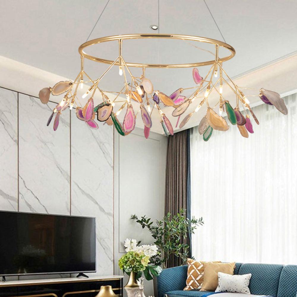 Elegant Agate Flake Chandelier - Natural Stone Crystal Ceiling Light Fixture for Dining Room, Living Room & Bedroom Decor