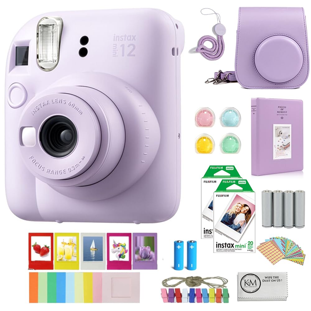 FUJIFILM INSTAX Mini 12 Instant Camera - Lilac Purple with 40 Exposures Film, Accessories Bundle, AA Batteries & Cleaning Cloth | Perfect for Parties, Travel & DIY Photo Albums | Instant Print Camera for Memories