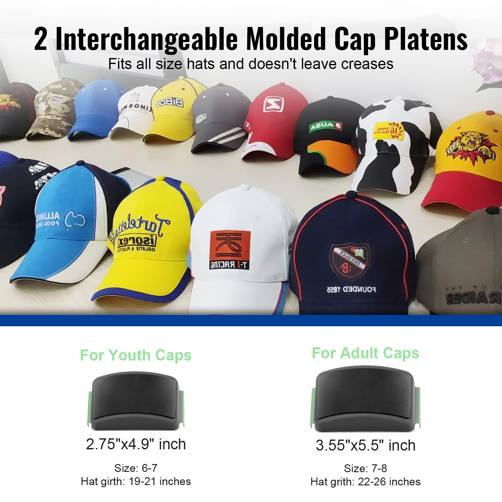 Professional Hat Press Machine with LCD Control - 2 Interchangeable Platens & Caps Stretcher for Vinyl, Sublimation & Heat Transfer (Green) - Perfect for Custom Hat Printing, DIY Crafts & Small Business Apparel Decoration