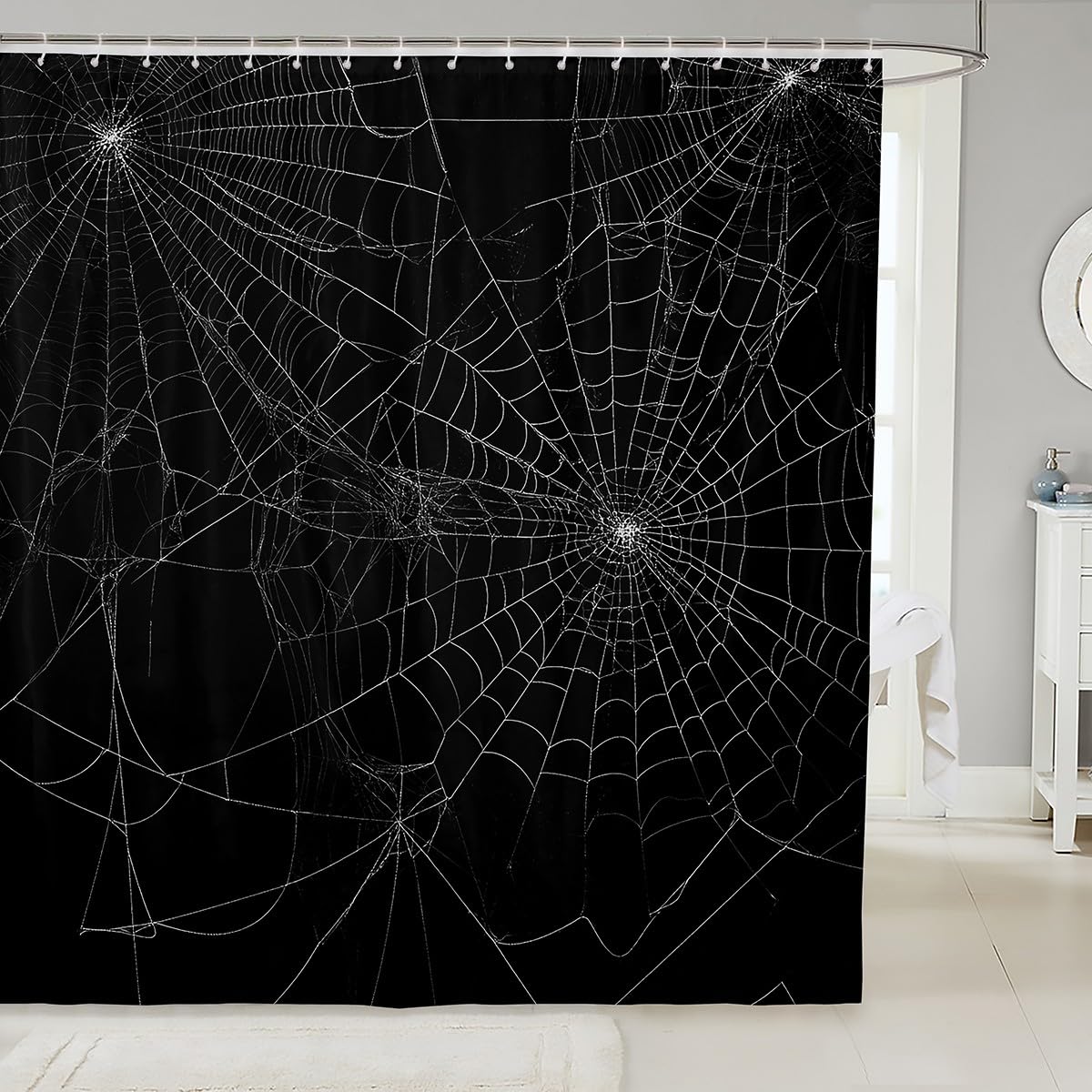 Spider Web Bath Curtain - Halloween Themed Black & White Spider Print Shower Curtain Set, Waterproof Polyester Fabric (72x84 Inches) - Perfect for Halloween Decor, Bathroom Makeover & Spooky Party Themes