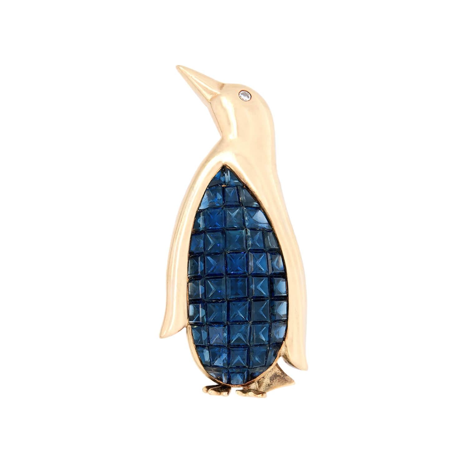 Vintage 18K Gold Sapphire and Diamond Penguin Brooch Pin - Elegant Jewelry Gift for Women, Perfect for Weddings, Parties & Special Occasions