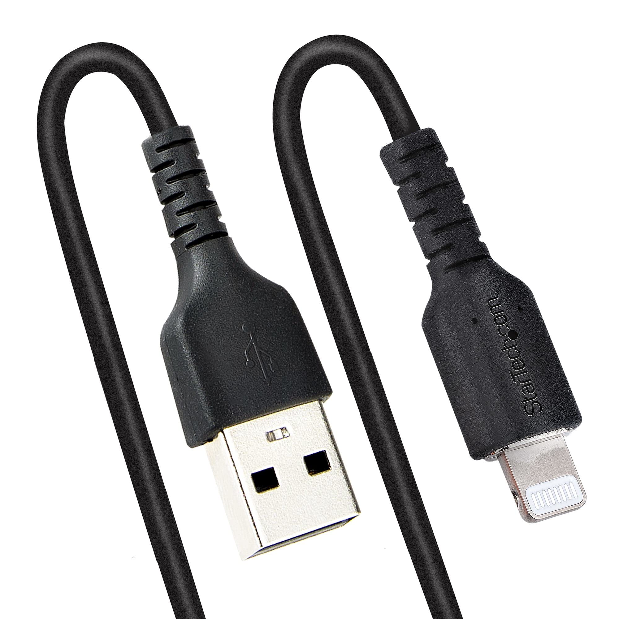 StarTech.com 1m (3ft) USB to Lightning Cable - MFi Certified iPhone Charger - Durable TPE Jacket & Aramid Fiber - Heavy Duty Coiled Design for Home, Office & Travel - Black (RUSB2ALT1MBC)