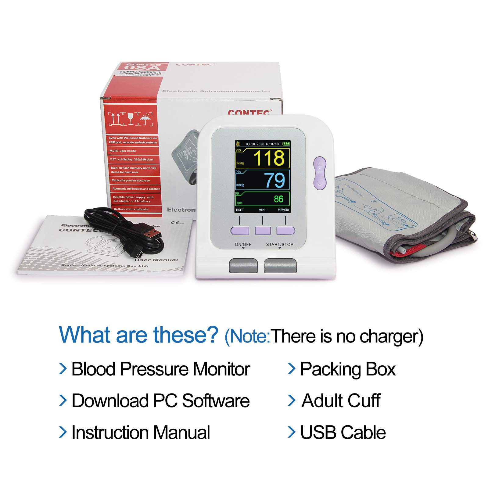 Fully Automatic CONTEC Blood Pressure Monitor - Upper Arm & Wrist Digital Sphygmomanometer for Adults with Comfortable Cuff | Home Use, Doctor's Office & Travel Health Monitoring