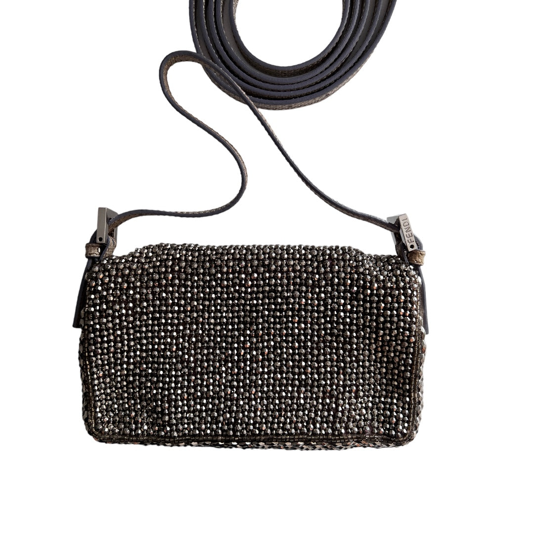 Fendi Silver Beaded Mini Baguette Bag - 3-Way Crossbody Shoulder Clutch Purse for Women | Perfect for Parties, Date Nights & Special Occasions