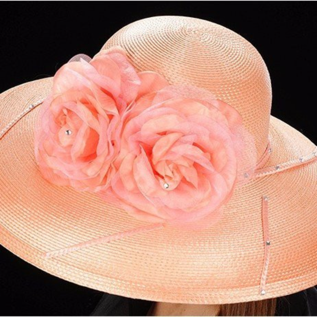 AC7014 Peach Straw Church Hat with Peach Flowers - Elegant Summer Women's Hat for Weddings, Church, and Outdoor Events