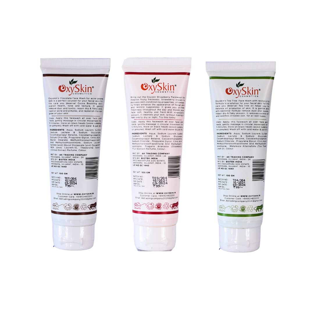 Oxyskin Cosmetics 3-Pack Facial Cleanser Set - Chocolate, Strawberry & Tea Tree for Acne-Prone & Sensitive Skin | Gentle Exfoliating & Hydrating Face Wash for Daily Skincare Routine
