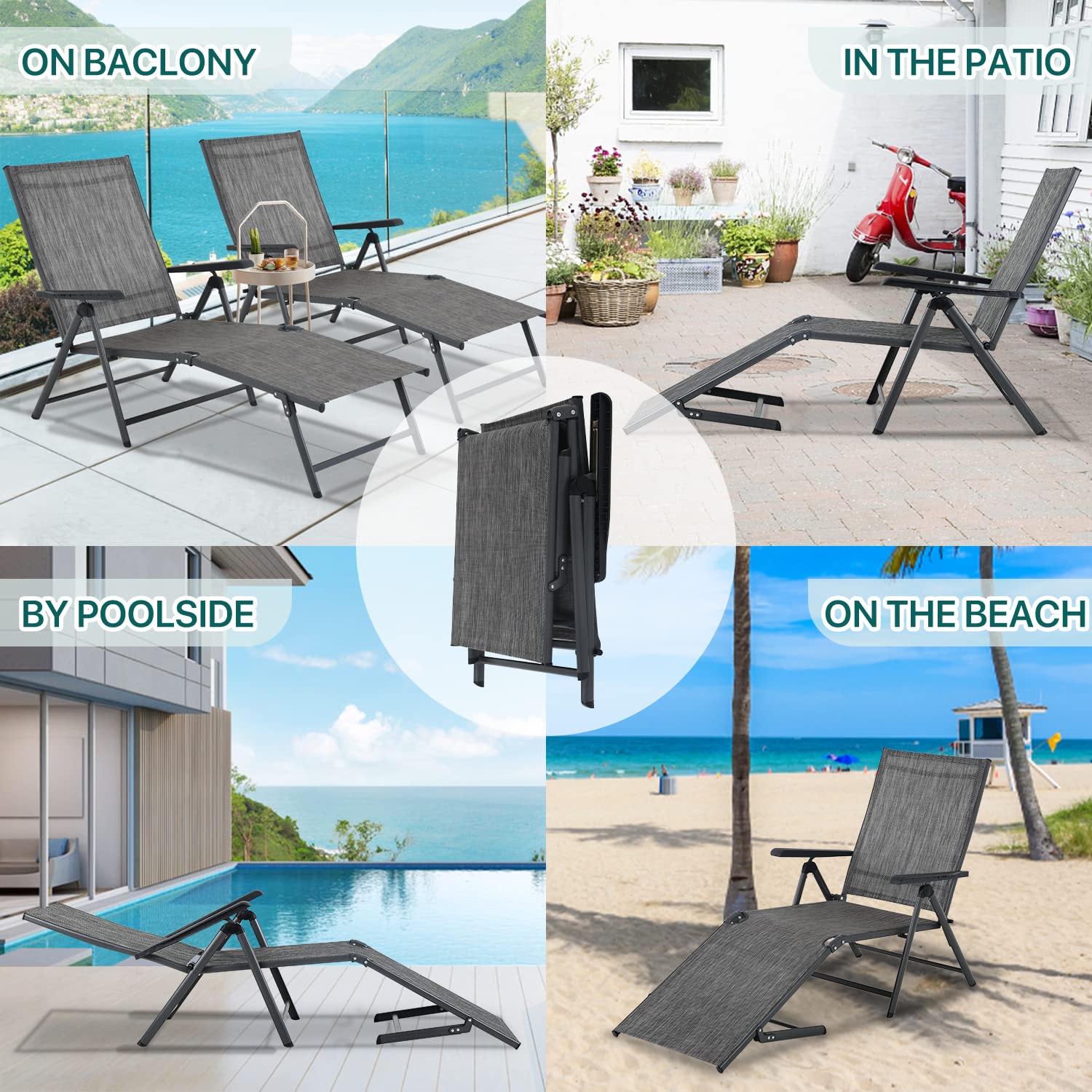 Premium Outdoor Chaise Lounge Chairs Set of 2 - Adjustable Reclining Patio Chairs for Poolside, Beach & Backyard - Water-Resistant Folding Deck Chairs with Cup Holders - Perfect for Sunbathing, Relaxing & Outdoor Lounging