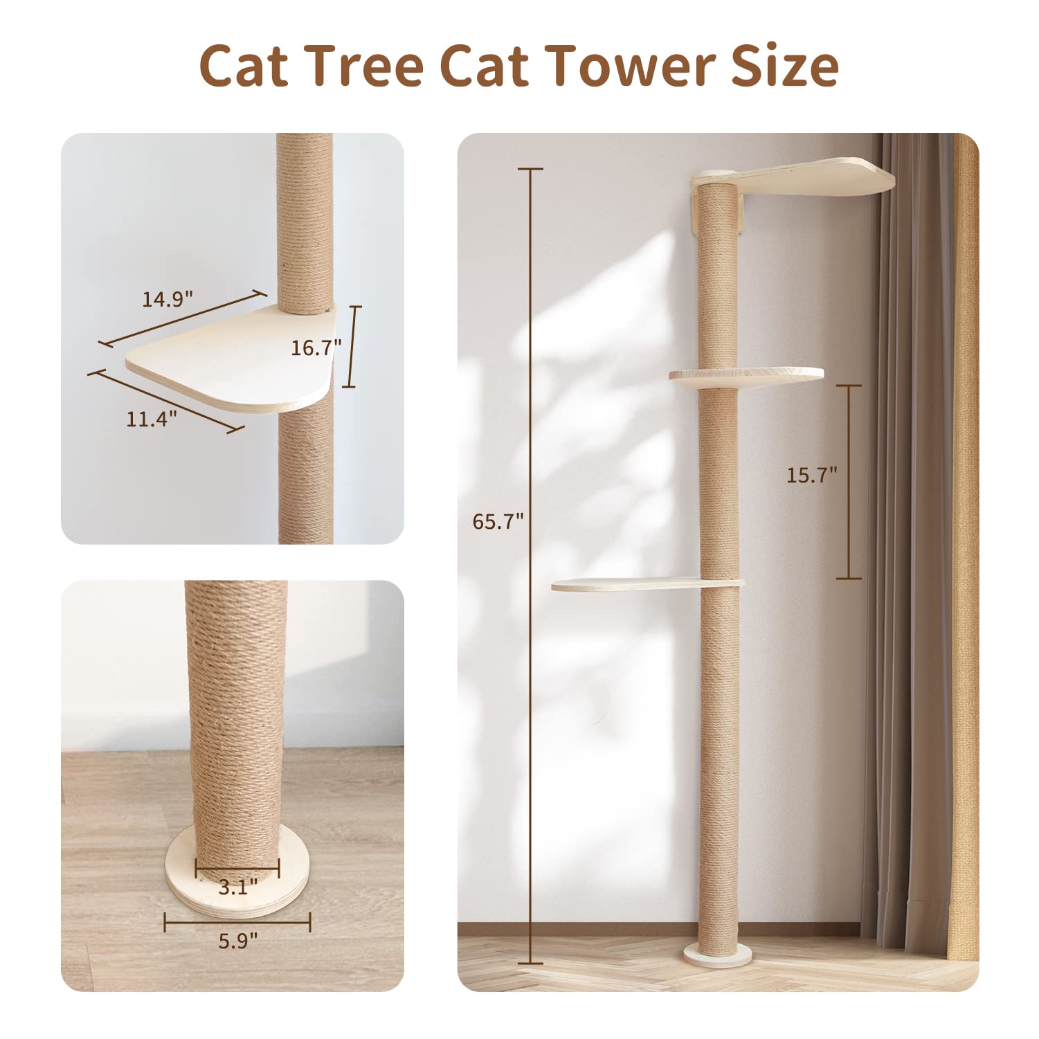 Adjustable Wooden Cat Tower Floor to Ceiling - 3-Tier Cat Tree with Natural Sisal Rope, Tall Cat Scratching Post for Climbing & Play - Perfect for Small Spaces & Multi-Cat Homes