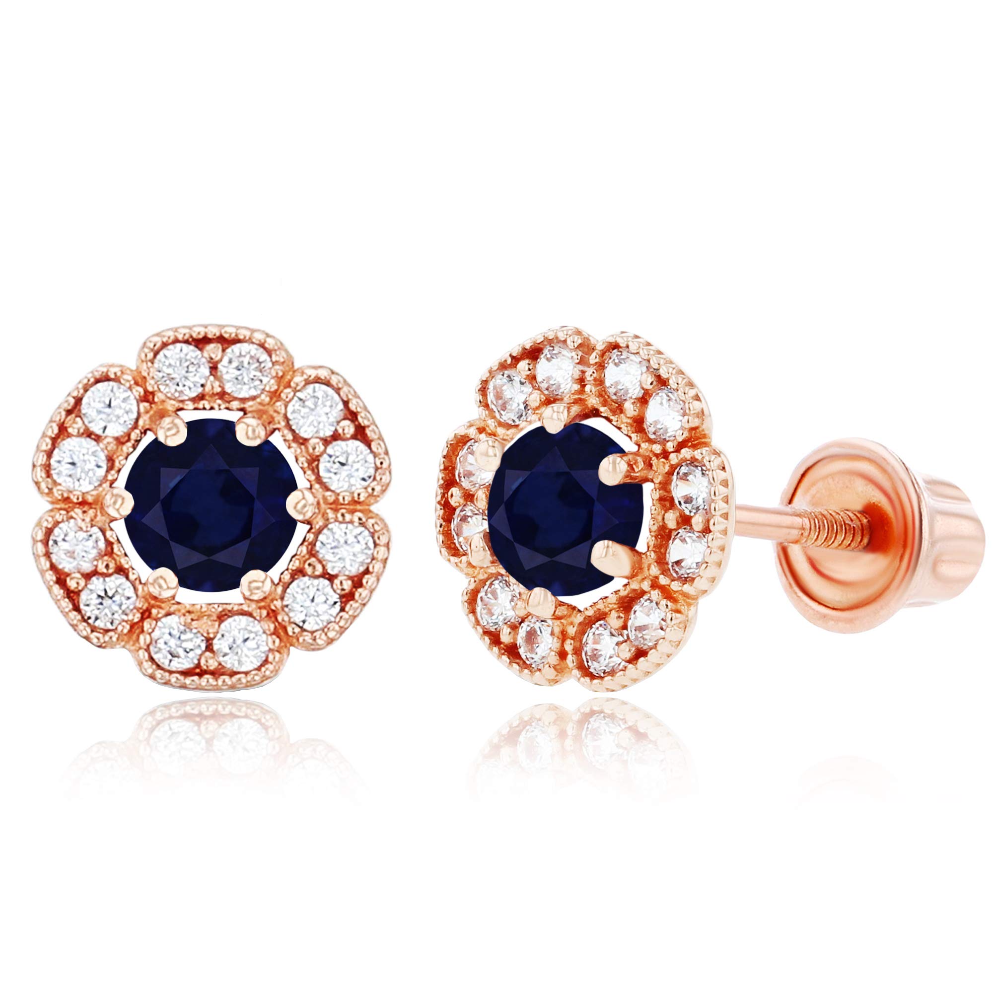14K Gold 6mm Natural Birthstone Flower Screwback Stud Earrings for Women | 7mm Round Birthstone | 1mm White Sapphire Flower Earrings | Perfect for Birthdays, Anniversaries & Everyday Elegance