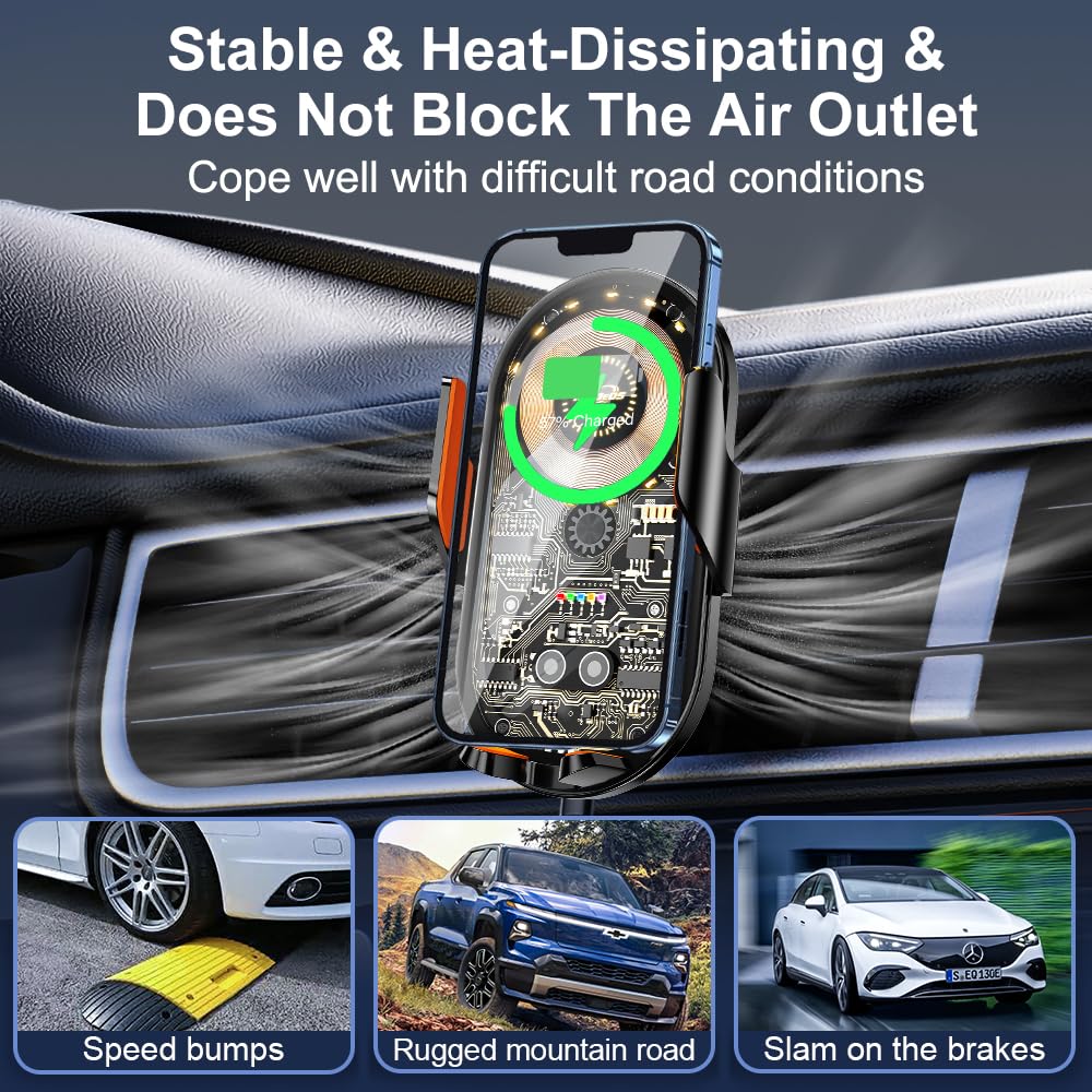 Qi 15W Fast Wireless Car Phone Mount & Charger - Universal Air Vent Auto Clamp Holder for iPhone, Samsung (4.7-7.2 Inch) | Hands-Free Driving & Safe Navigation