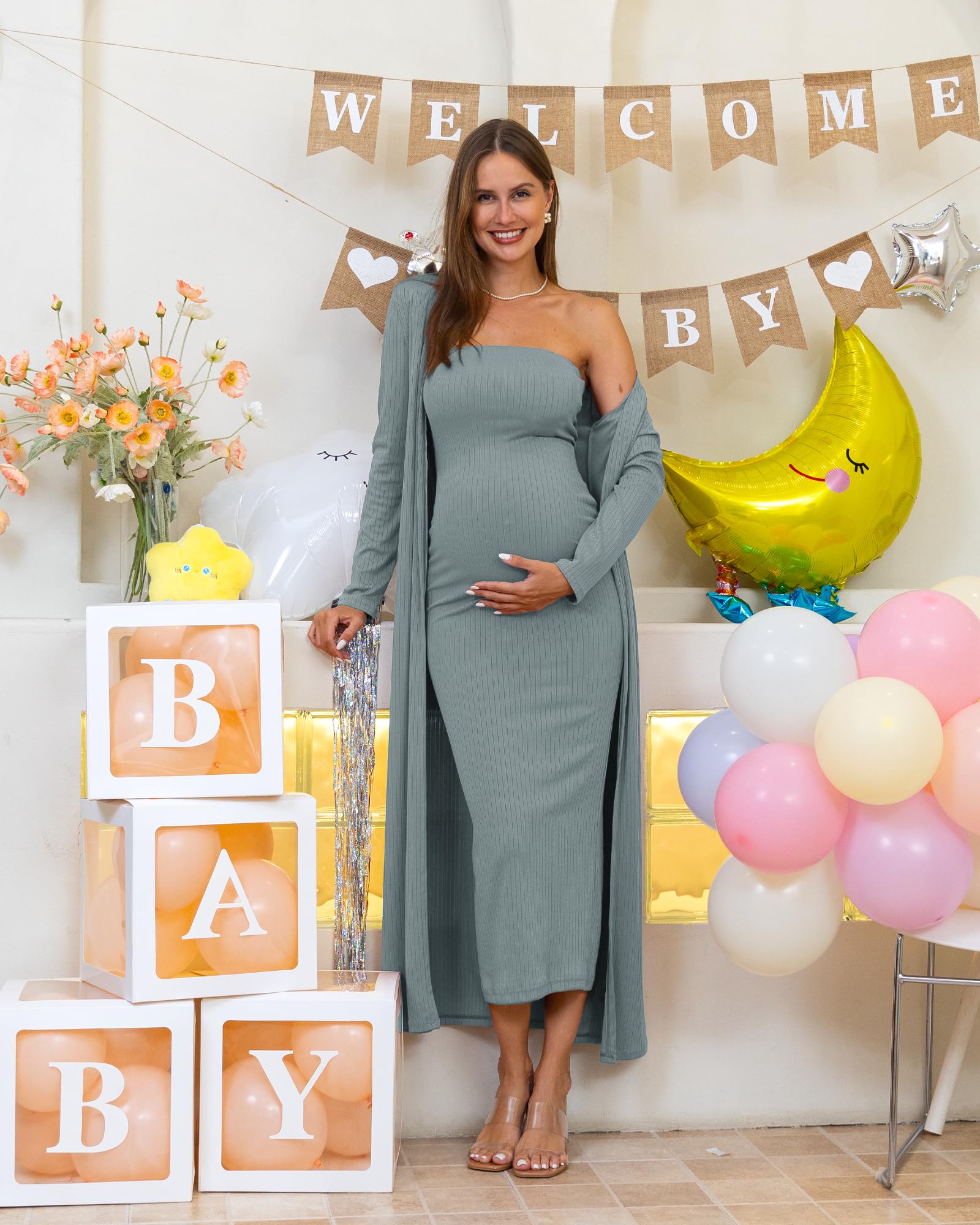 RNXRBB 2-Piece Maternity Dress Set - Flowy Cardigan & Tube Dress for Baby Shower, Wedding Guest, Summer Pregnancy Photos | Gender Reveal, Maternity Photoshoot & Special Occasions