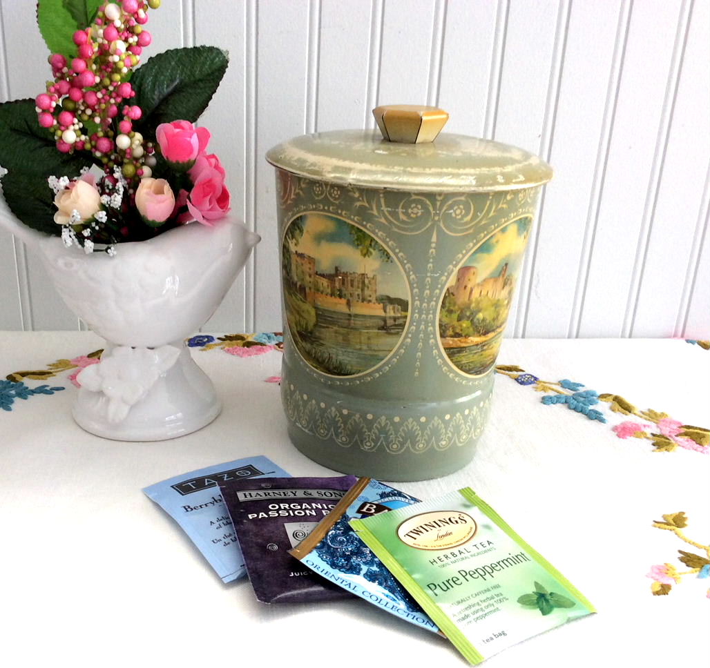 Vintage 1930s English Castles Sage Green Tea Tin by Horners - Antique Biscuit Caddy for Tea Storage & Home Decor | Perfect for Tea Lovers, Collectors and Vintage-Inspired Kitchens