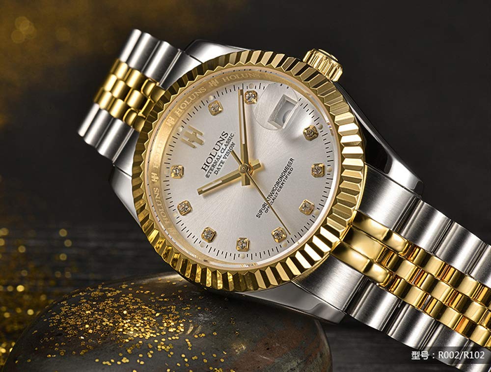 Luxury Men's Automatic Mechanical Watch - 18K Gold Plated Stainless Steel, Self-Winding, Sapphire Crystal Glass, Waterproof Dress Watch for Business & Formal Occasions