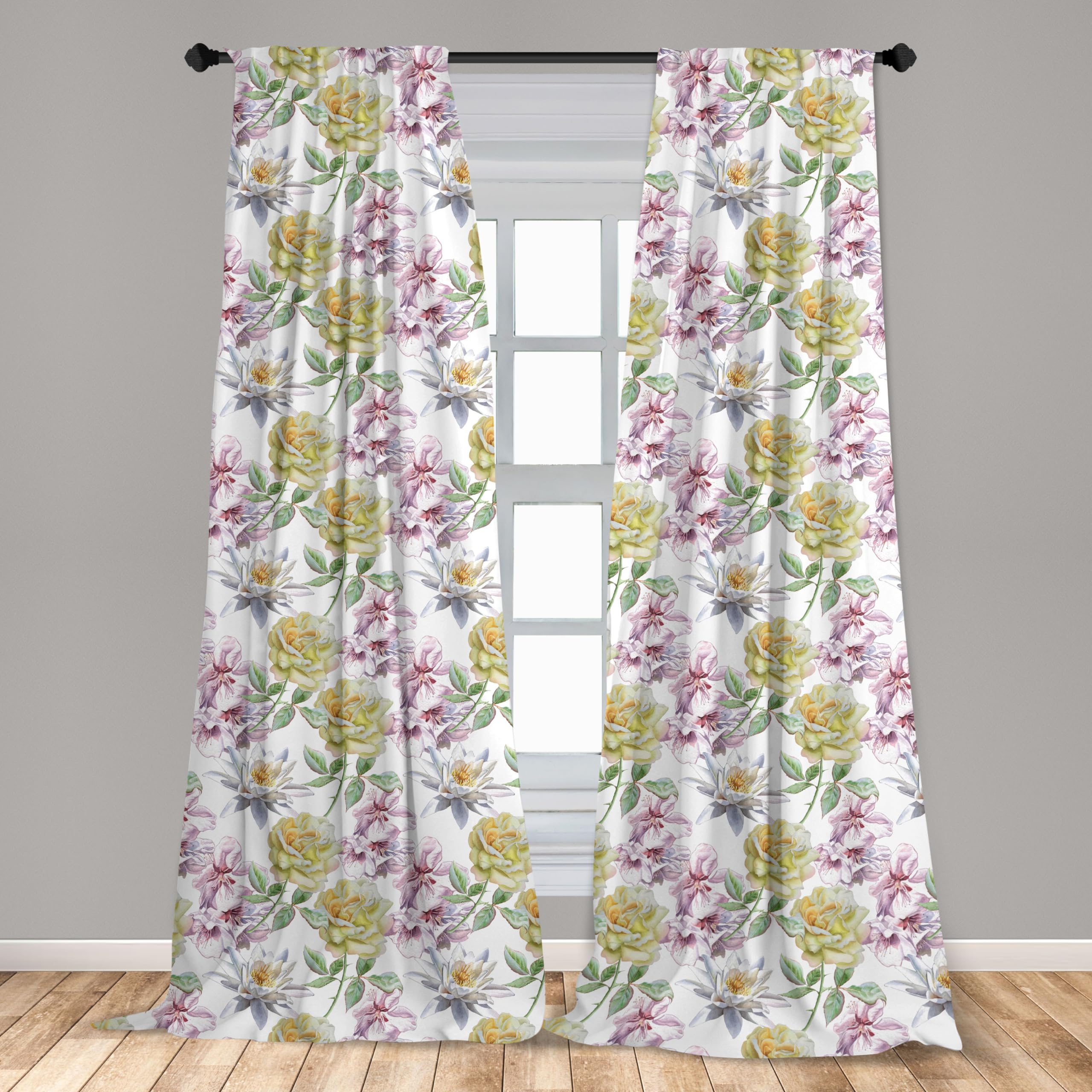 Ambesonne Floral Curtains - Rose Petals Sakura Lily Design, 2 Panel Set (28