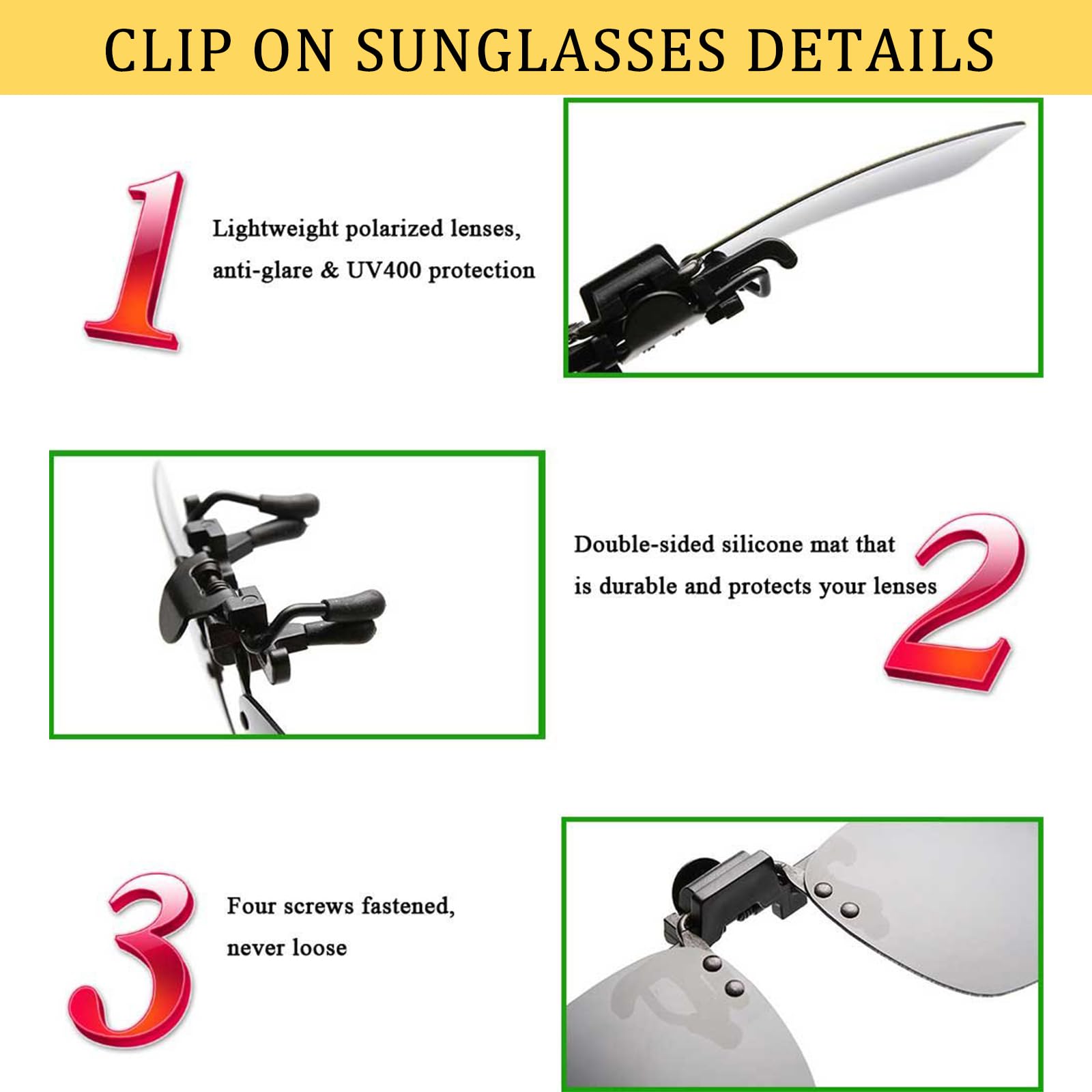 Polarized Clip-on Sunglasses for Men & Women - Anti Glare UV Protection Driving Glasses - Fits Over Prescription Eyeglasses - Perfect for Road Trips, Commuting & Outdoor Activities