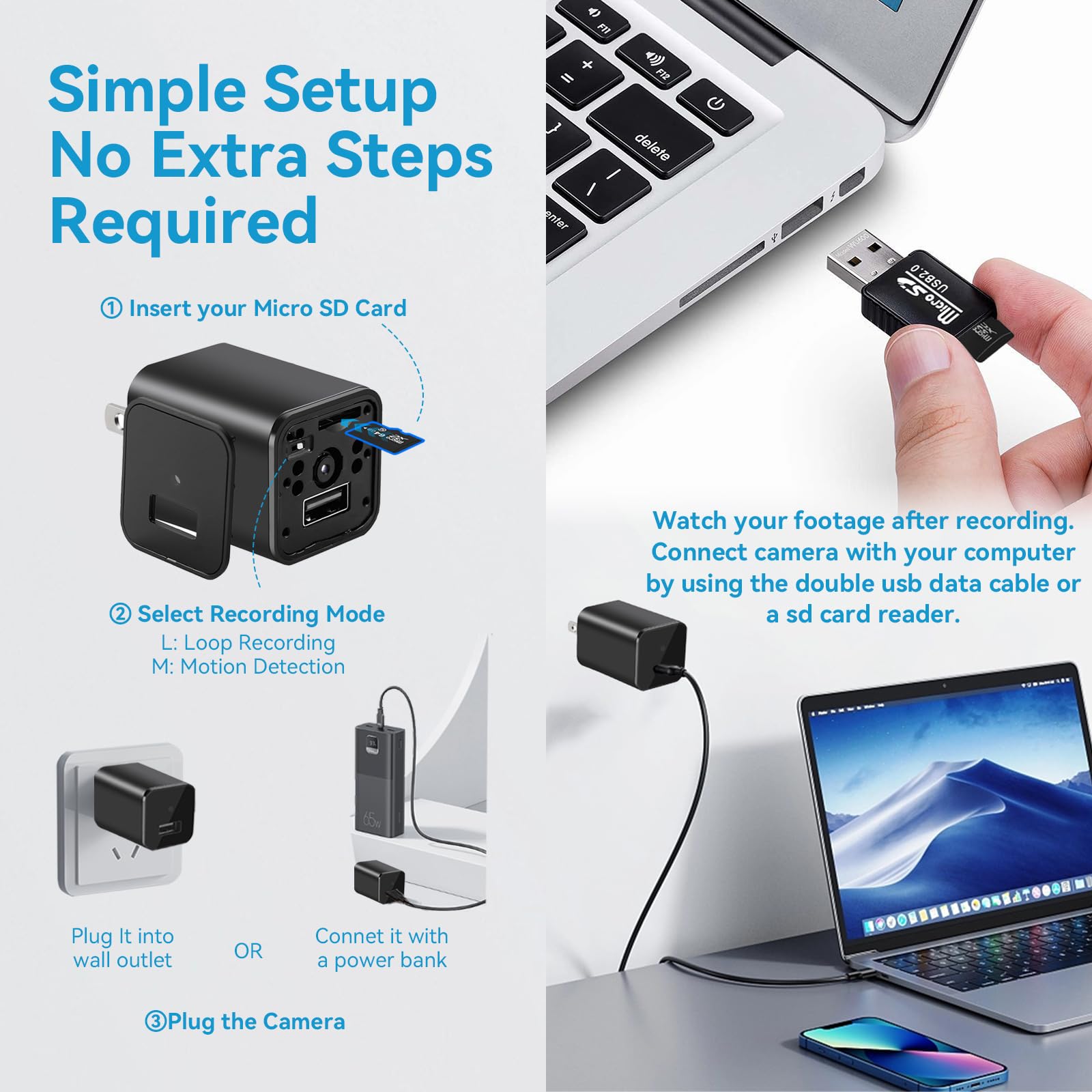 Hidden Camera Spy Charger - 1080P HD Wireless Mini Nanny Cam with Motion Detection for Home Security | Indoor Surveillance, Office Monitoring & Baby Watching