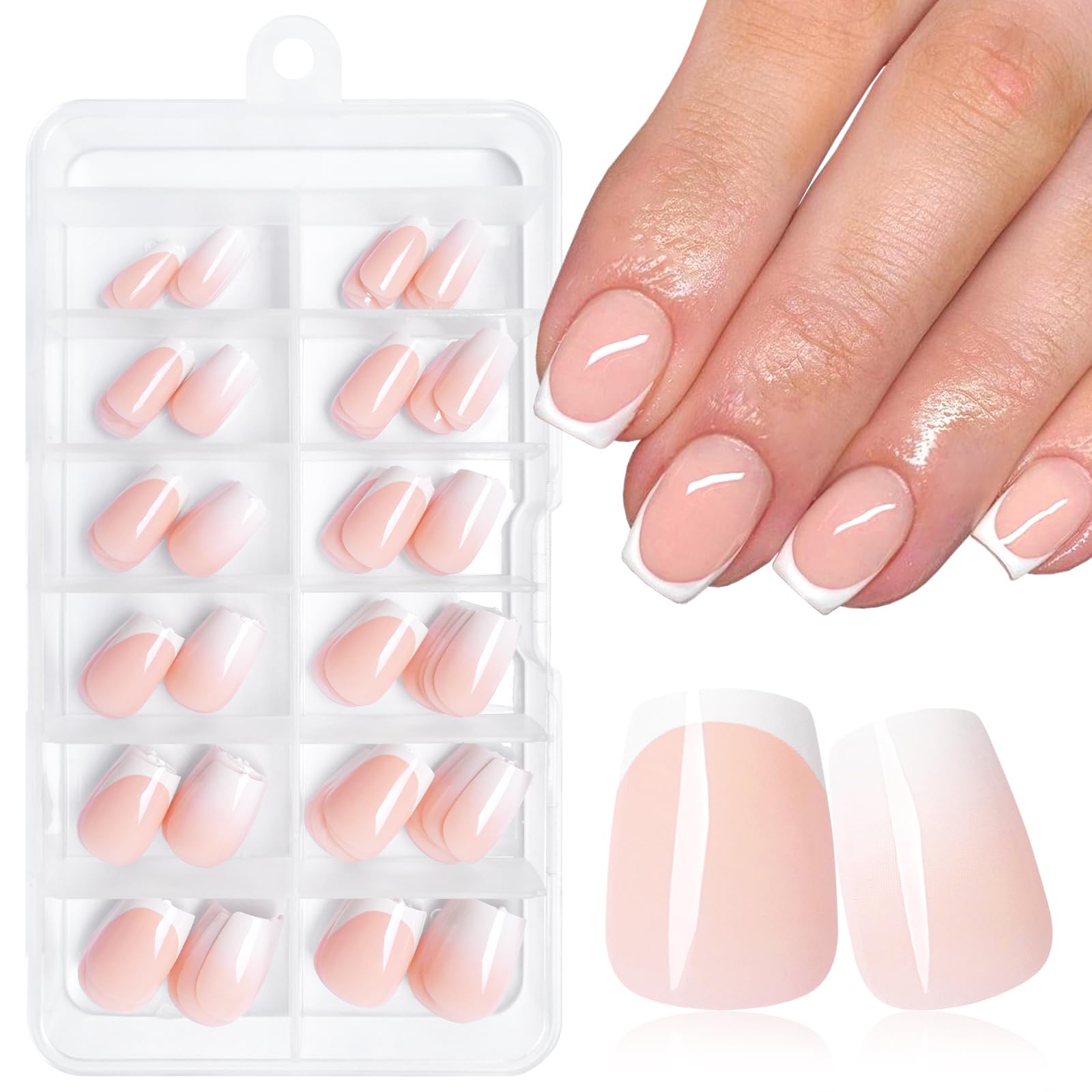 LuckForever 144pc White French Tip Press on Nails - Short Coffin Fake Nails with Glue & Adhesive Tabs | Natural Nude Ombre Manicure for Everyday Wear, Parties & Special Occasions