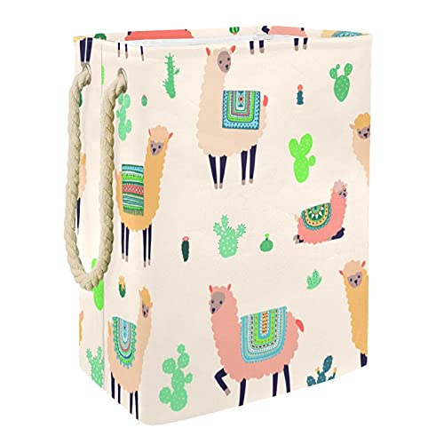 Collapsible Laundry Hamper with Waterproof Lining - Llama Alpaca Cactus Design, Drawstring Closure, 19.3x11.8x15.9 Inch - Perfect for Bedroom, Bathroom, Dorm, and Travel Storage