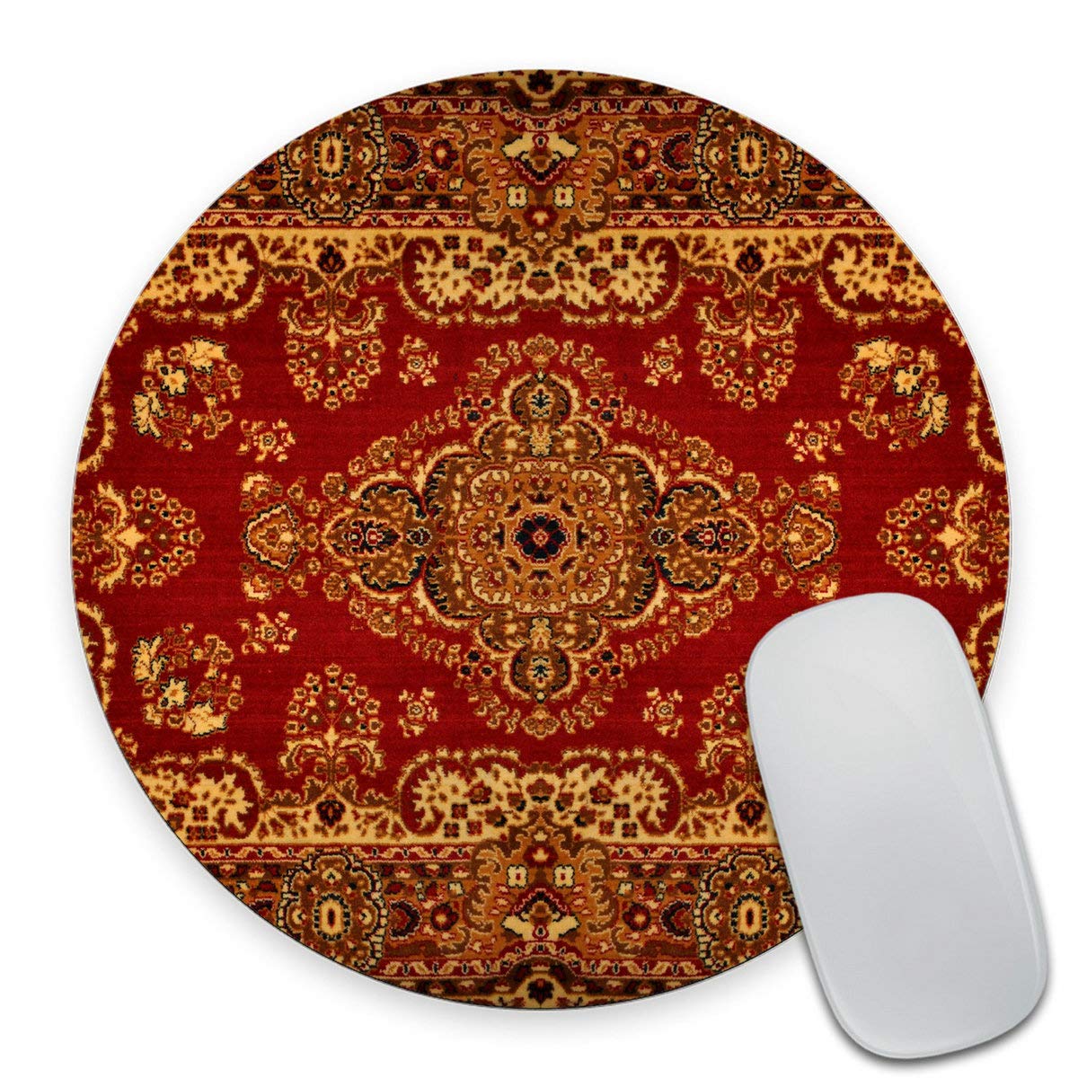 Premium Circular Mouse Pad - Red Persian Carpet Design Non-Slip Desk Mat for Office & Gaming - Ergonomic Round Mousepad for Computers, Laptops, Workstations (Home Office, Gaming Setup, Gift Idea)