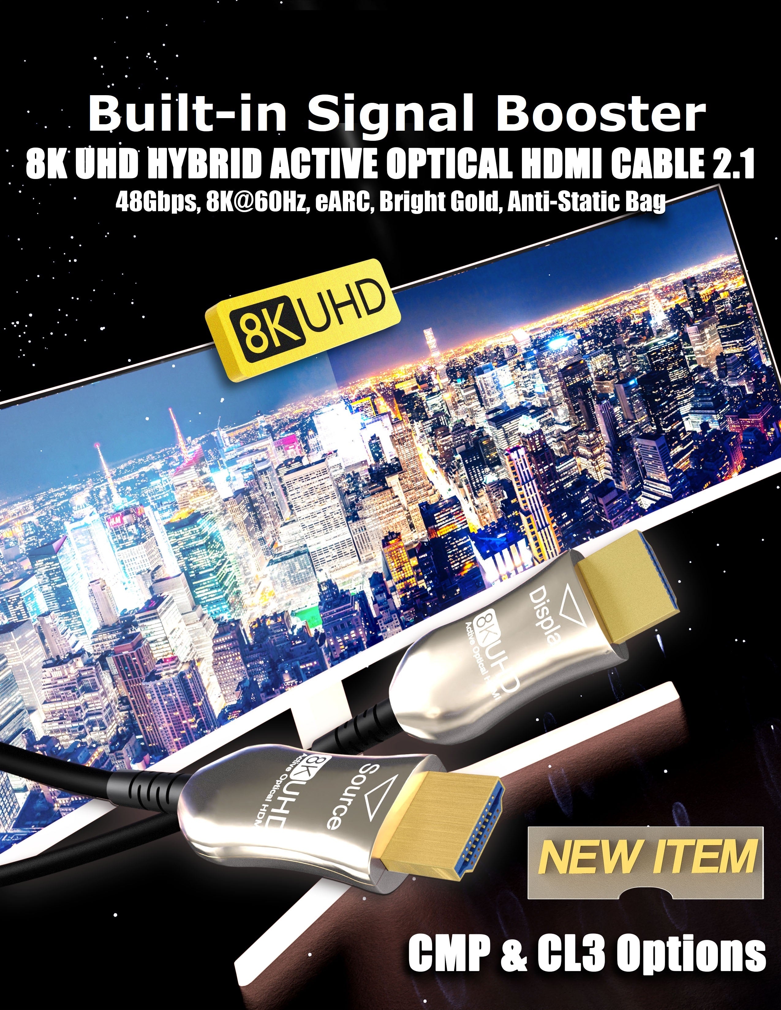 AOC 8K Ultra HD HDMI 2.1 Cable with Built-in Signal Booster (35-150 FT) - Perfect for 4K/8K TVs, Gaming Consoles & Home Theater Systems