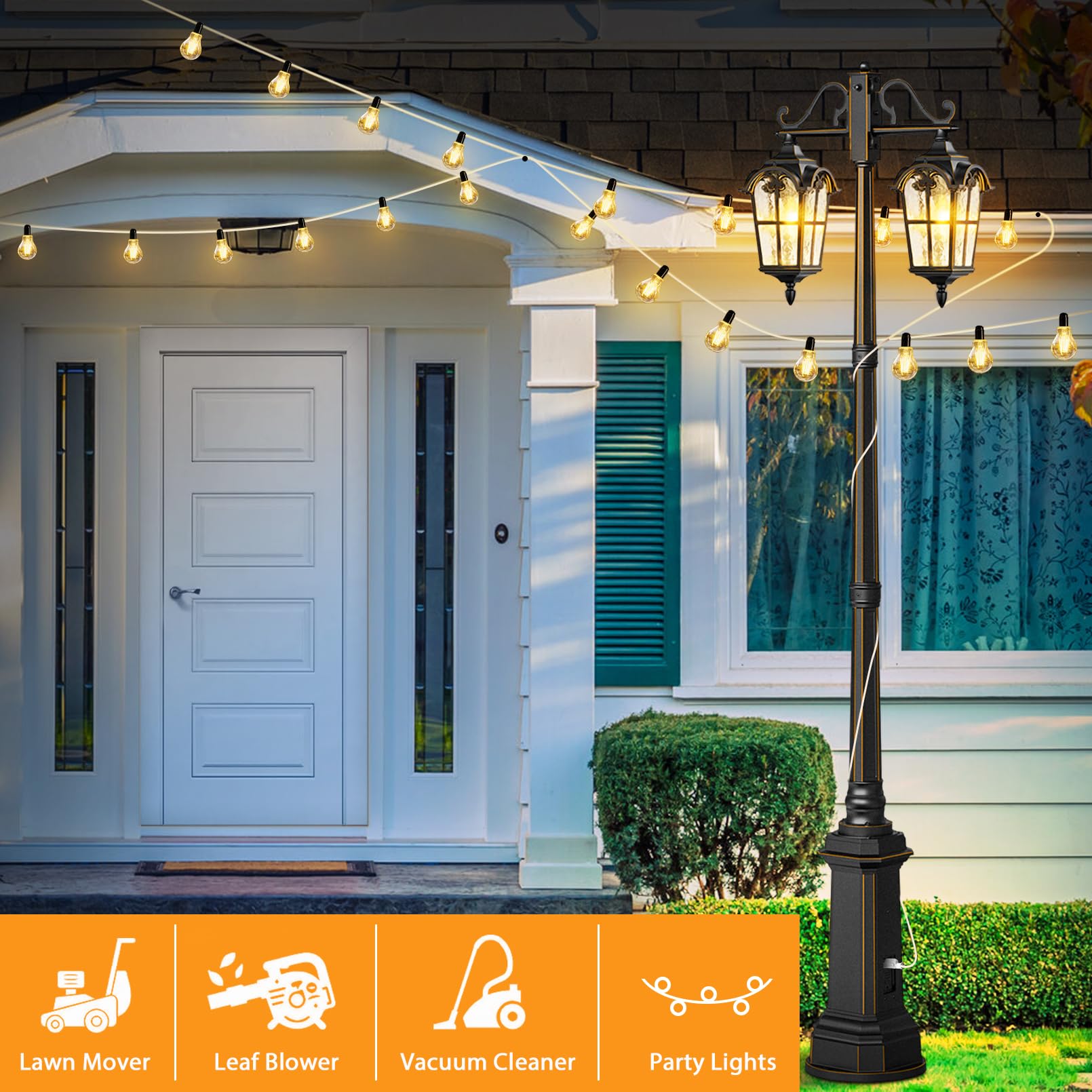 Outdoor Lamp Post Lights with GFCI Outlet - Dusk to Dawn Double Head Street Light Fixture - Black Aluminum Exterior Pole Lights - Waterproof Outdoor Lighting for Garden, Patio, Pathway, Driveway - Perfect for Landscape, Backyard, and Security Lighting